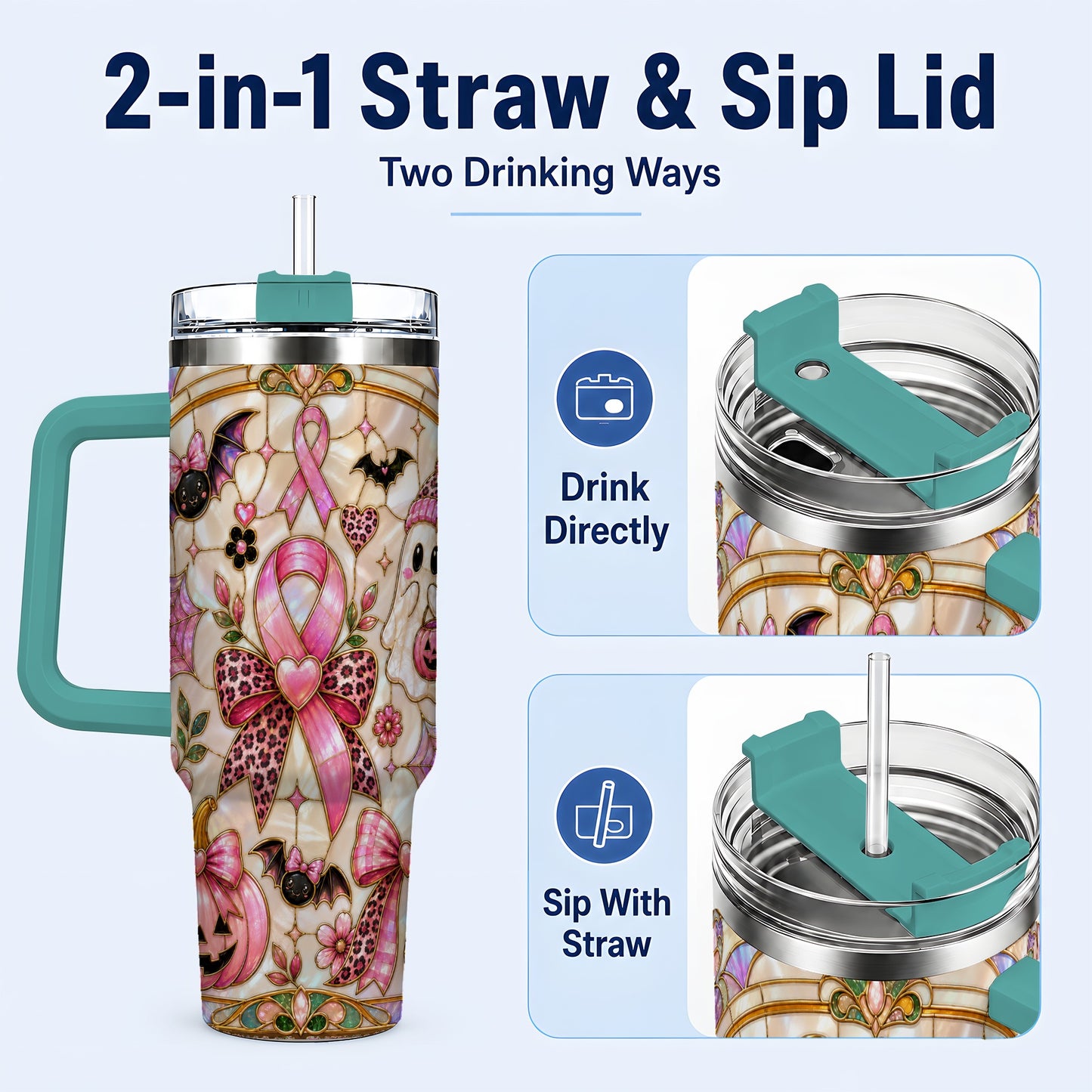 #pl[40oz|Green] Awareness Ribbon Ghost 40oz Tumbler with Handle, Halloween Travel Cup