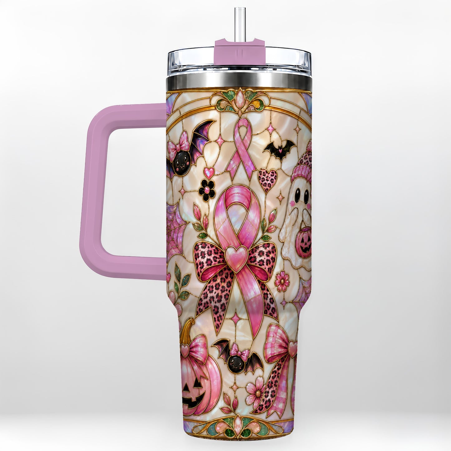 #pl[40oz|Pink] Awareness Ribbon Ghost 40oz Tumbler with Handle, Halloween Travel Cup