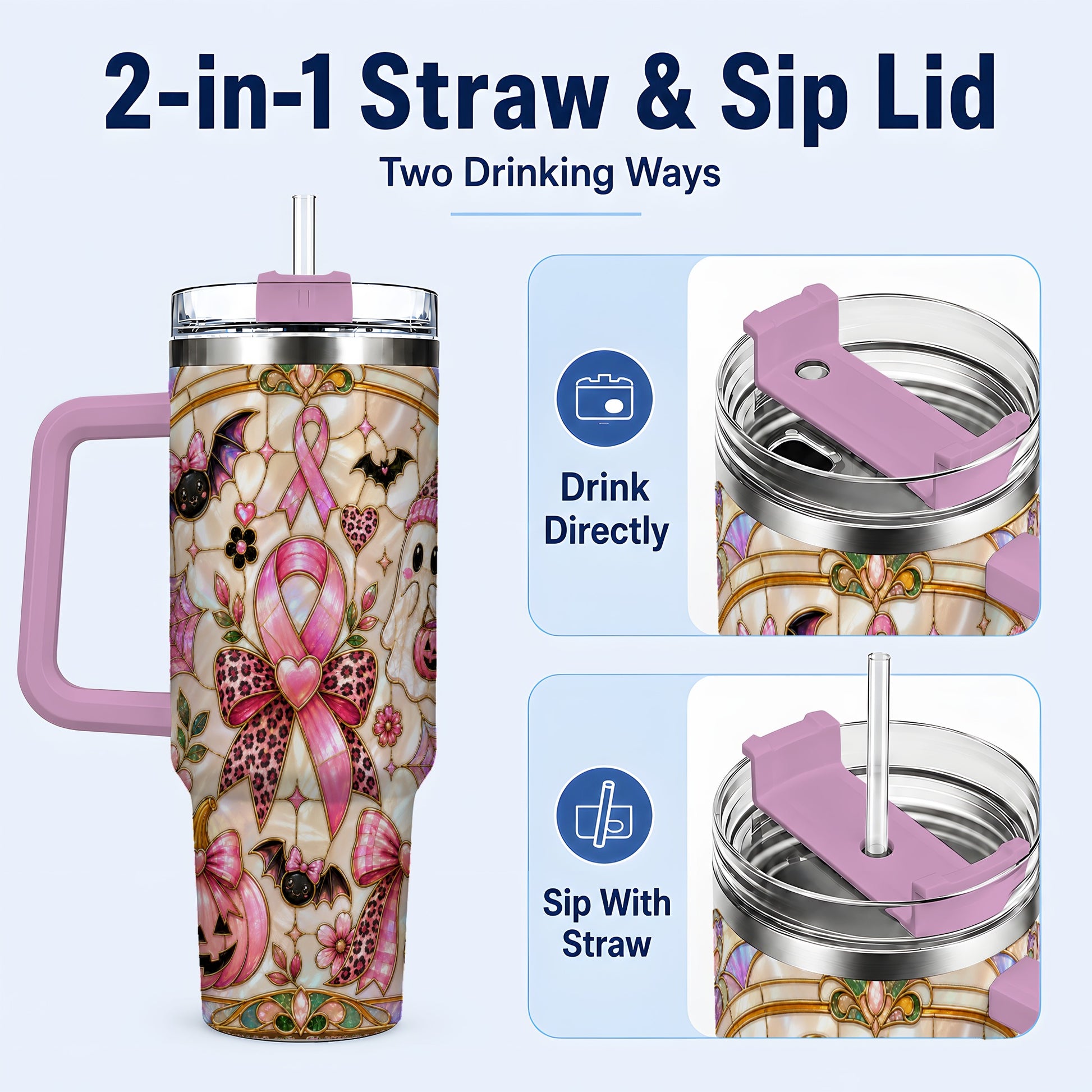 #pl[40oz|Pink] Awareness Ribbon Ghost 40oz Tumbler with Handle, Halloween Travel Cup