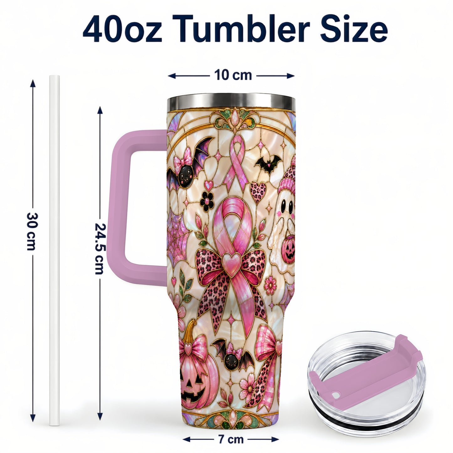 #pl[40oz|Pink] Awareness Ribbon Ghost 40oz Tumbler with Handle, Halloween Travel Cup