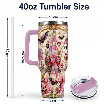 #pl[40oz|Pink] Awareness Ribbon Ghost 40oz Tumbler with Handle, Halloween Travel Cup