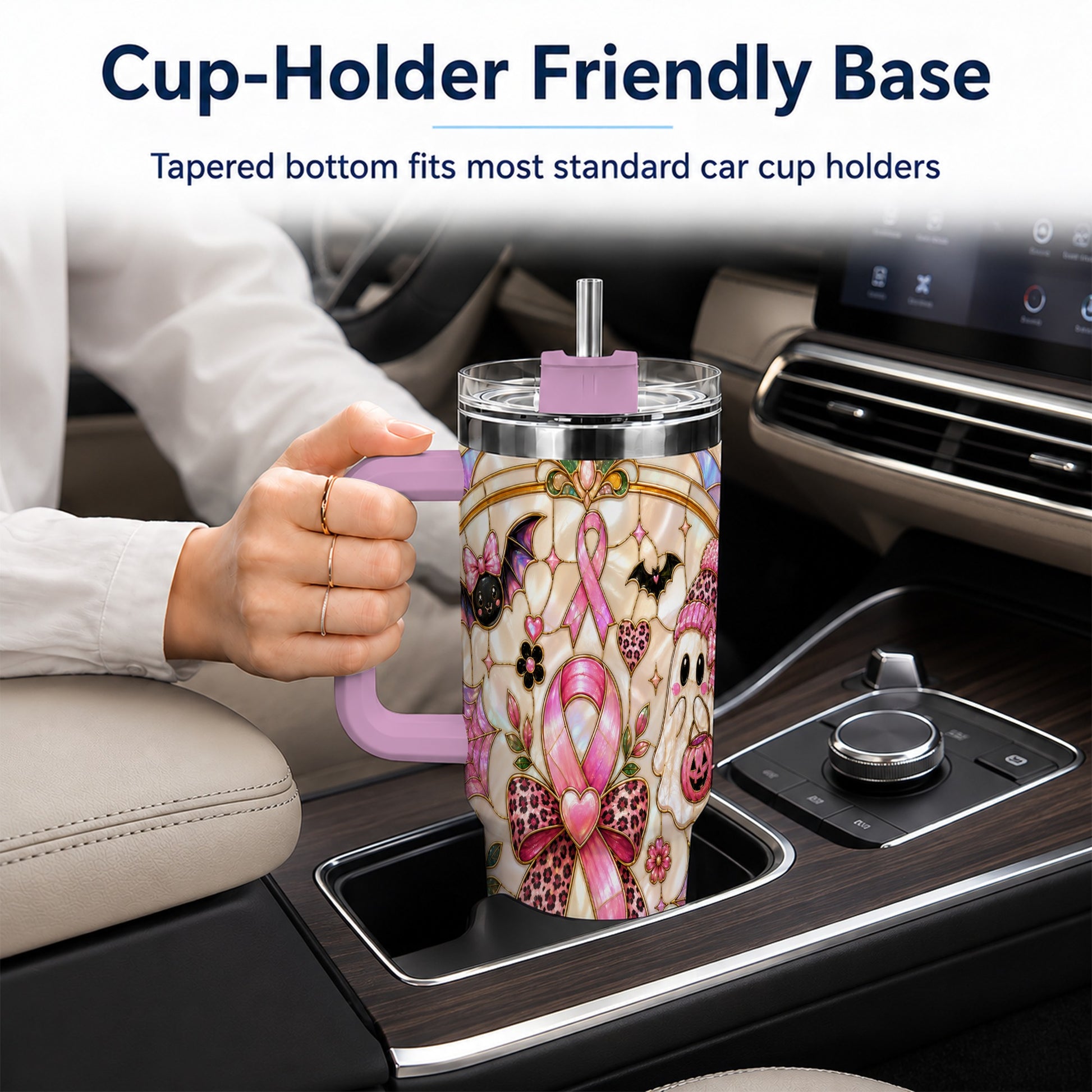 #pl[40oz|Pink] Awareness Ribbon Ghost 40oz Tumbler with Handle, Halloween Travel Cup