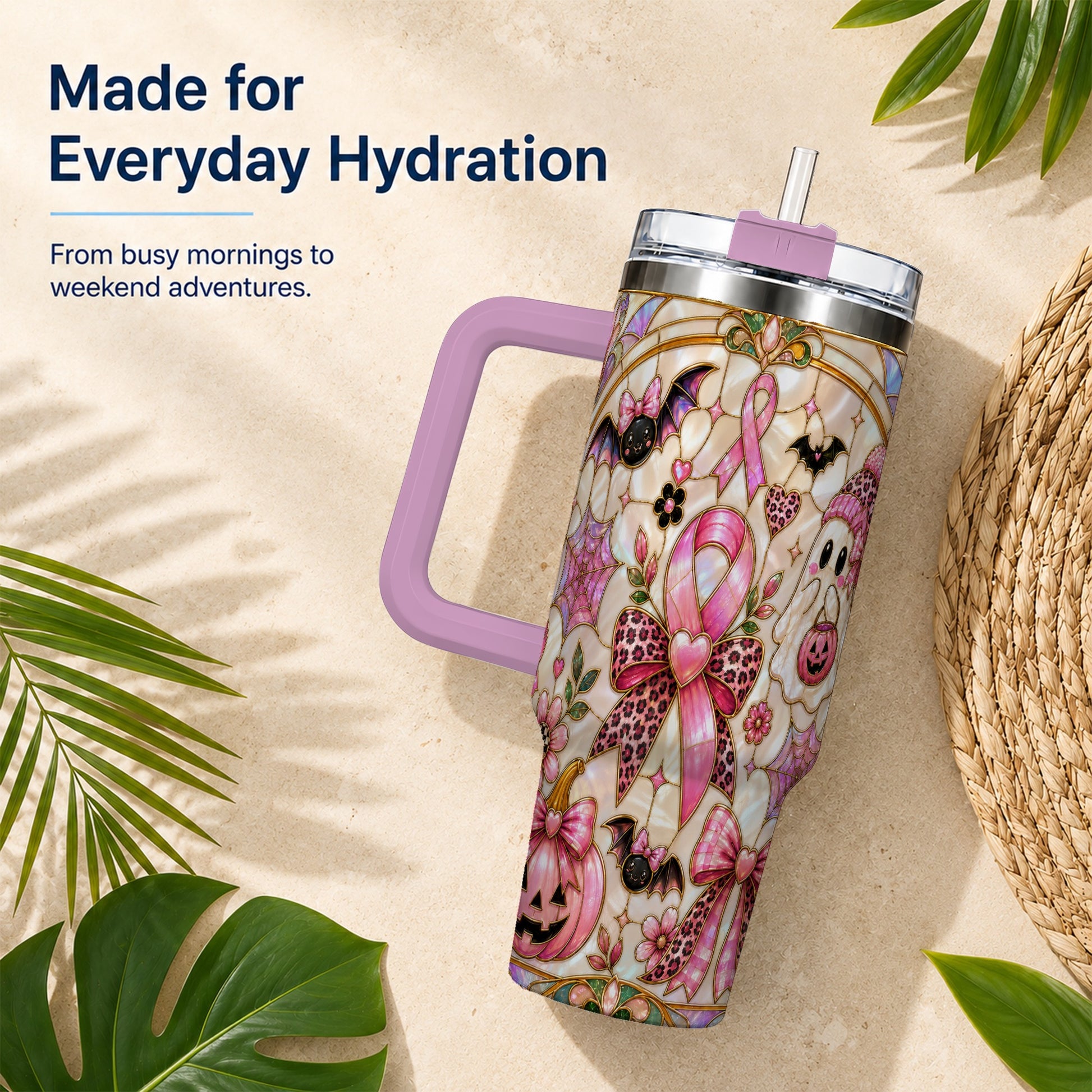 #pl[40oz|Pink] Awareness Ribbon Ghost 40oz Tumbler with Handle, Halloween Travel Cup