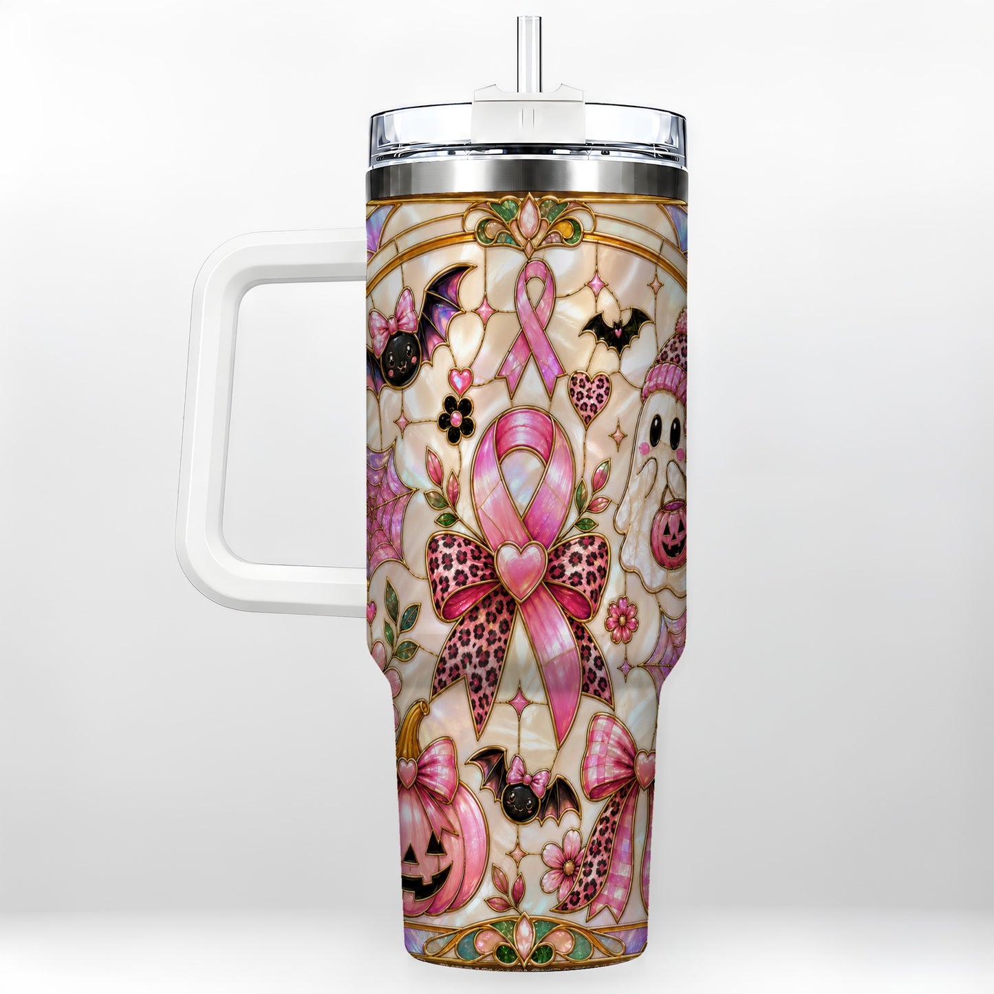 #pl[40oz|White] Awareness Ribbon Ghost 40oz Tumbler with Handle, Halloween Travel Cup