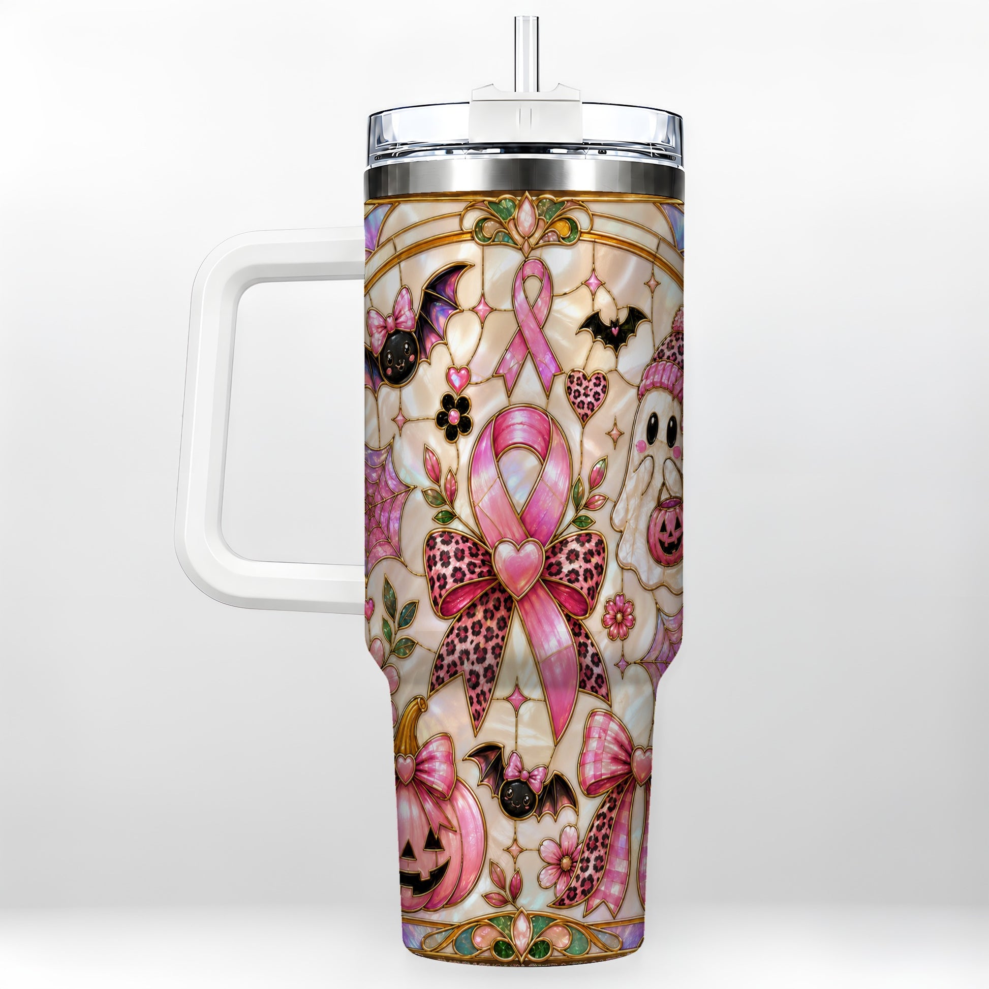 #pl[40oz|White] Awareness Ribbon Ghost 40oz Tumbler with Handle, Halloween Travel Cup