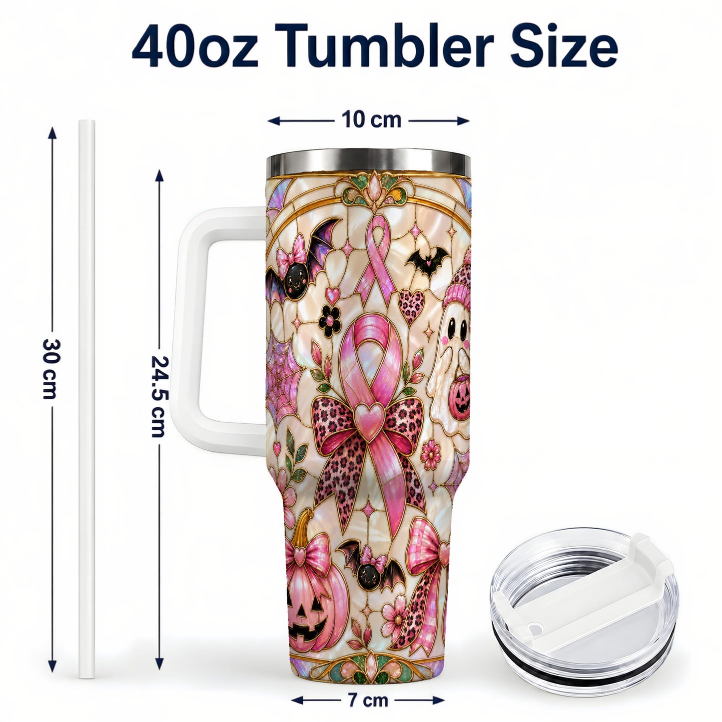 #pl[40oz|White] Awareness Ribbon Ghost 40oz Tumbler with Handle, Halloween Travel Cup