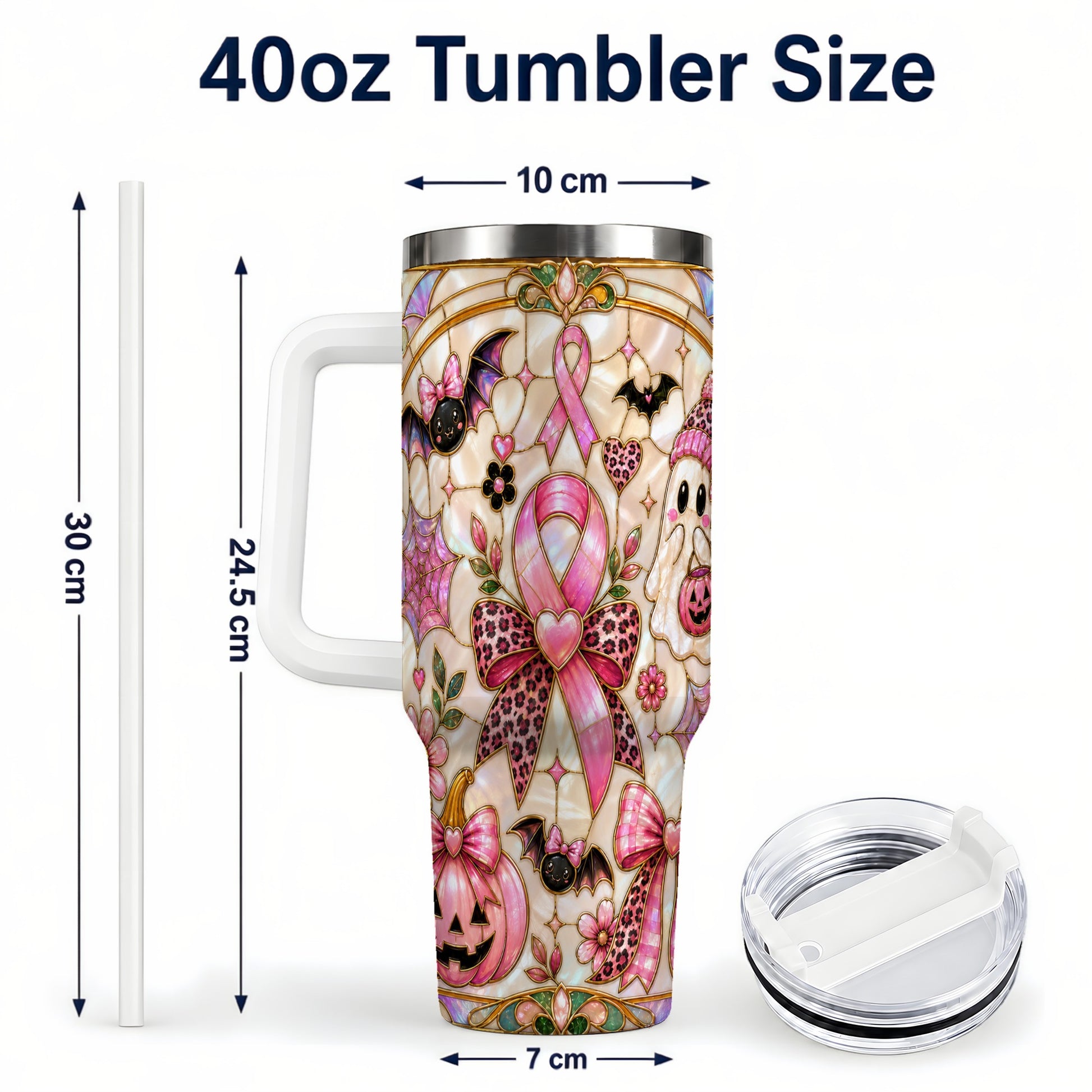 #pl[40oz|White] Awareness Ribbon Ghost 40oz Tumbler with Handle, Halloween Travel Cup