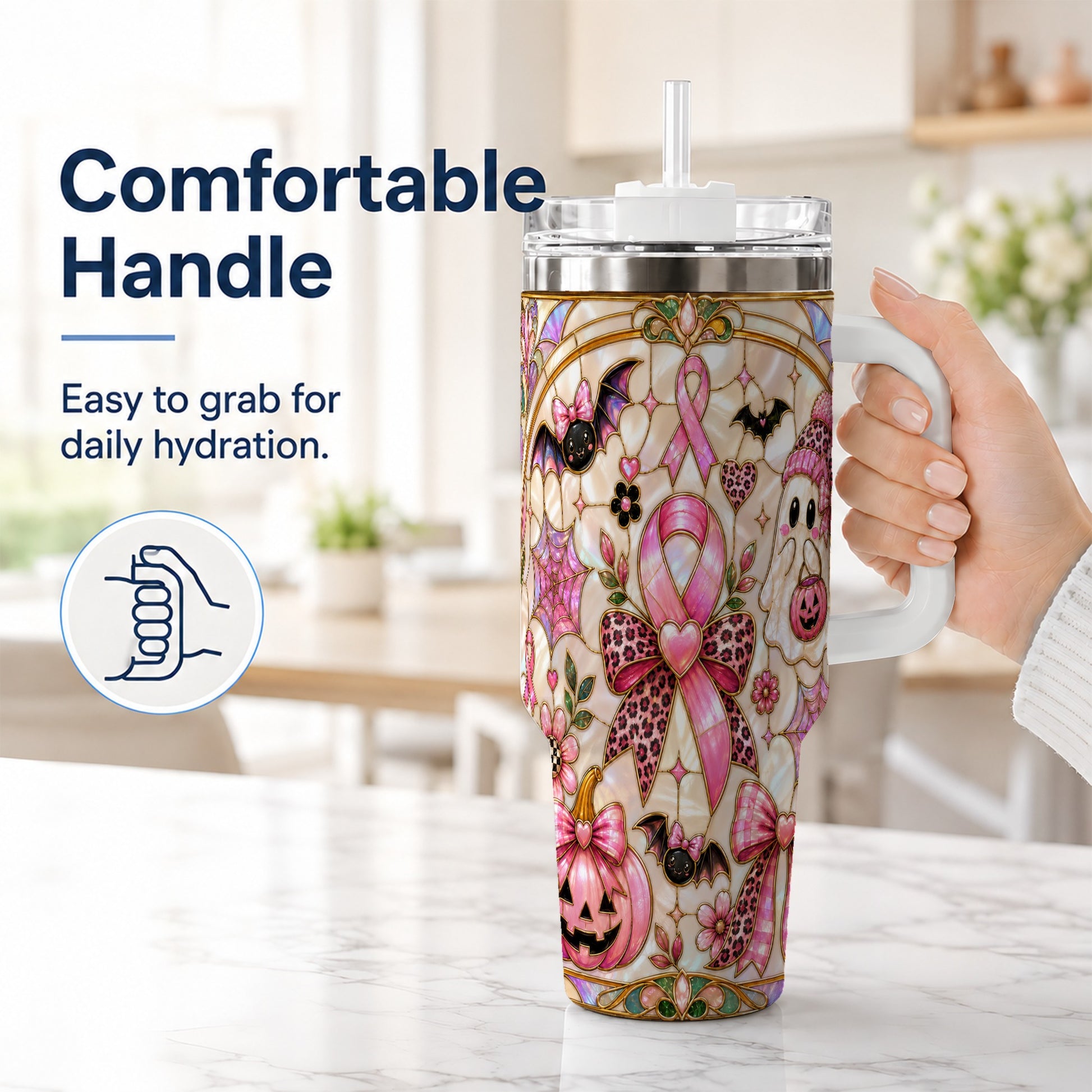 #pl[40oz|White] Awareness Ribbon Ghost 40oz Tumbler with Handle, Halloween Travel Cup