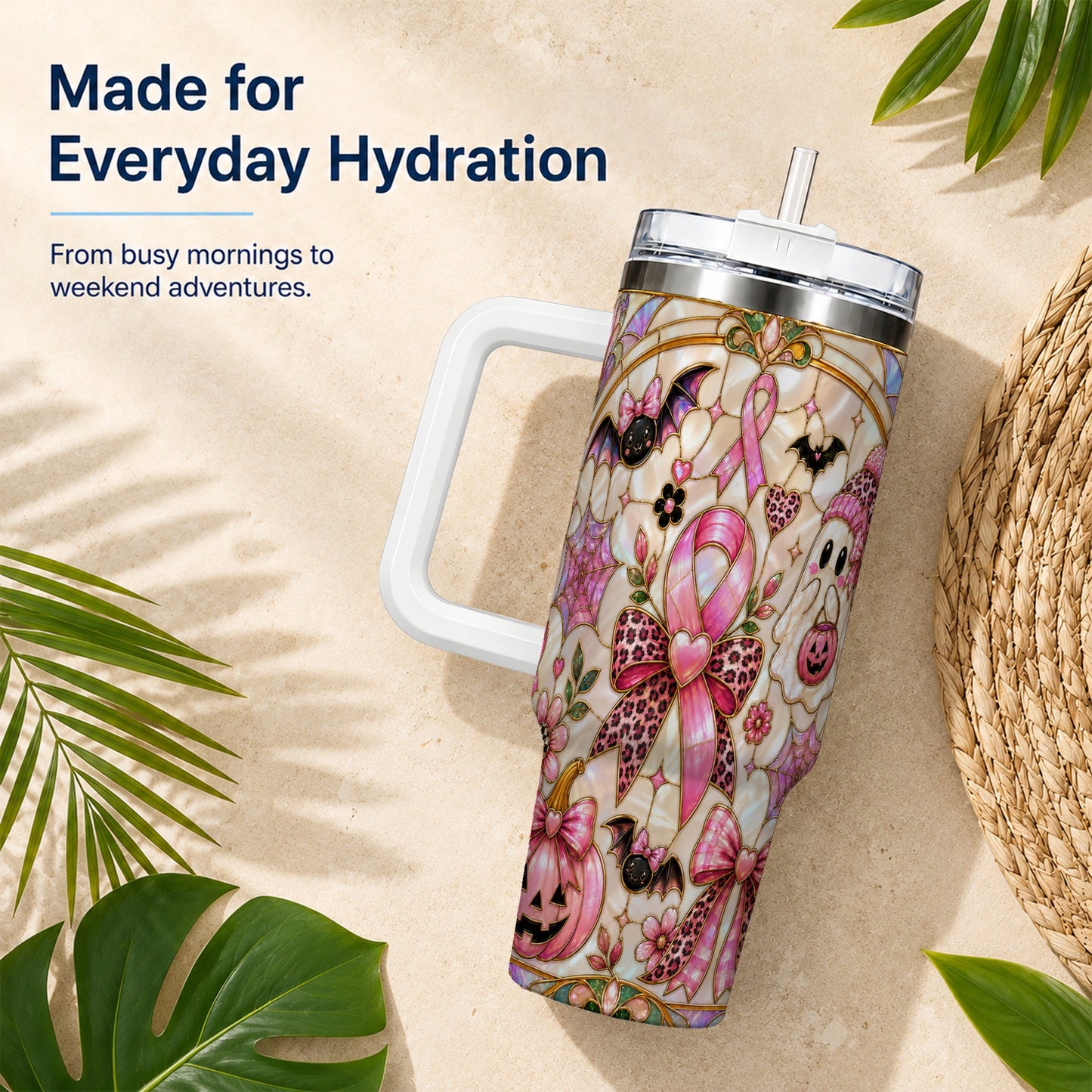 #pl[40oz|White] Awareness Ribbon Ghost 40oz Tumbler with Handle, Halloween Travel Cup
