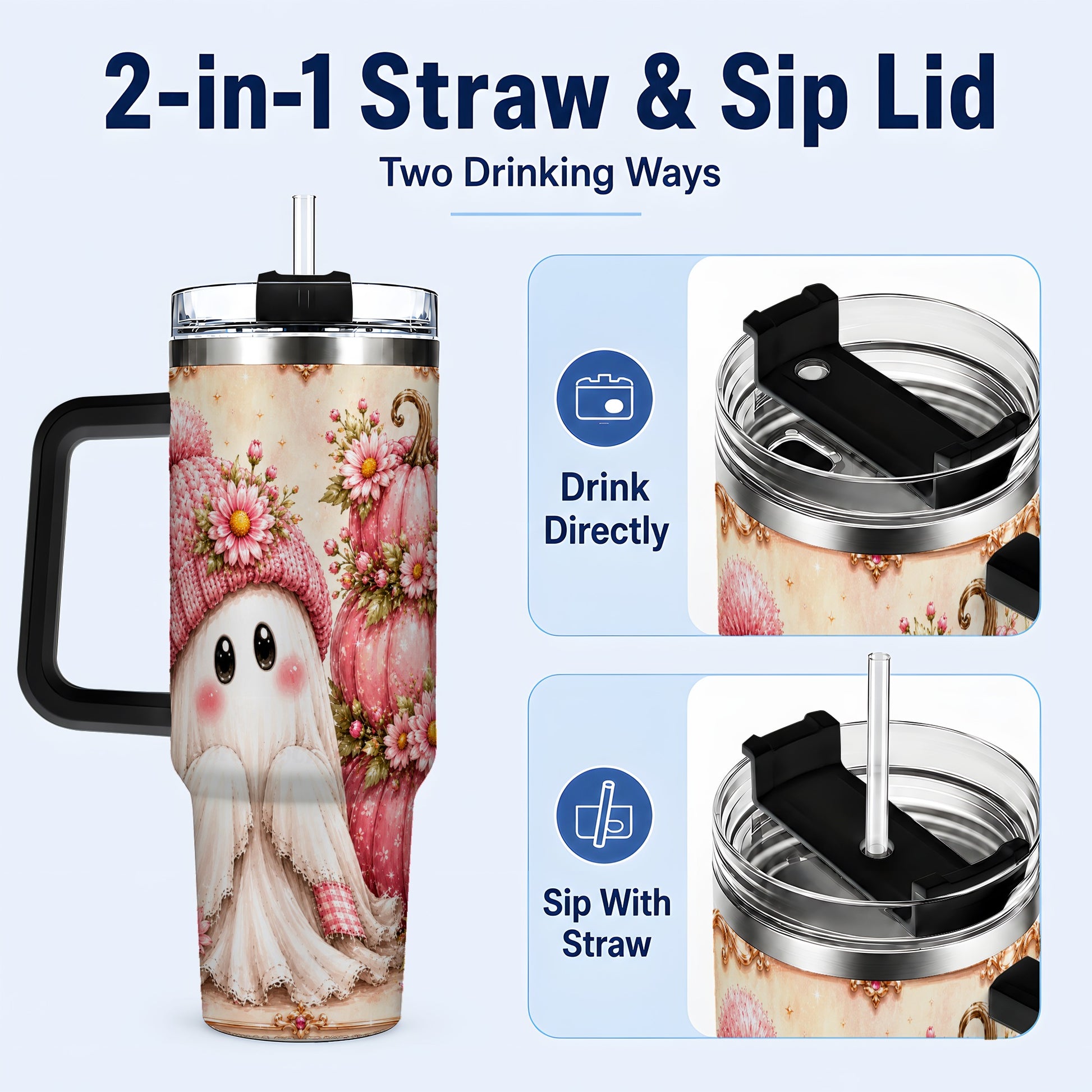 #pl[40oz|Black] Floral Ghost 40oz Tumbler with Handle, Pumpkin Travel Cup