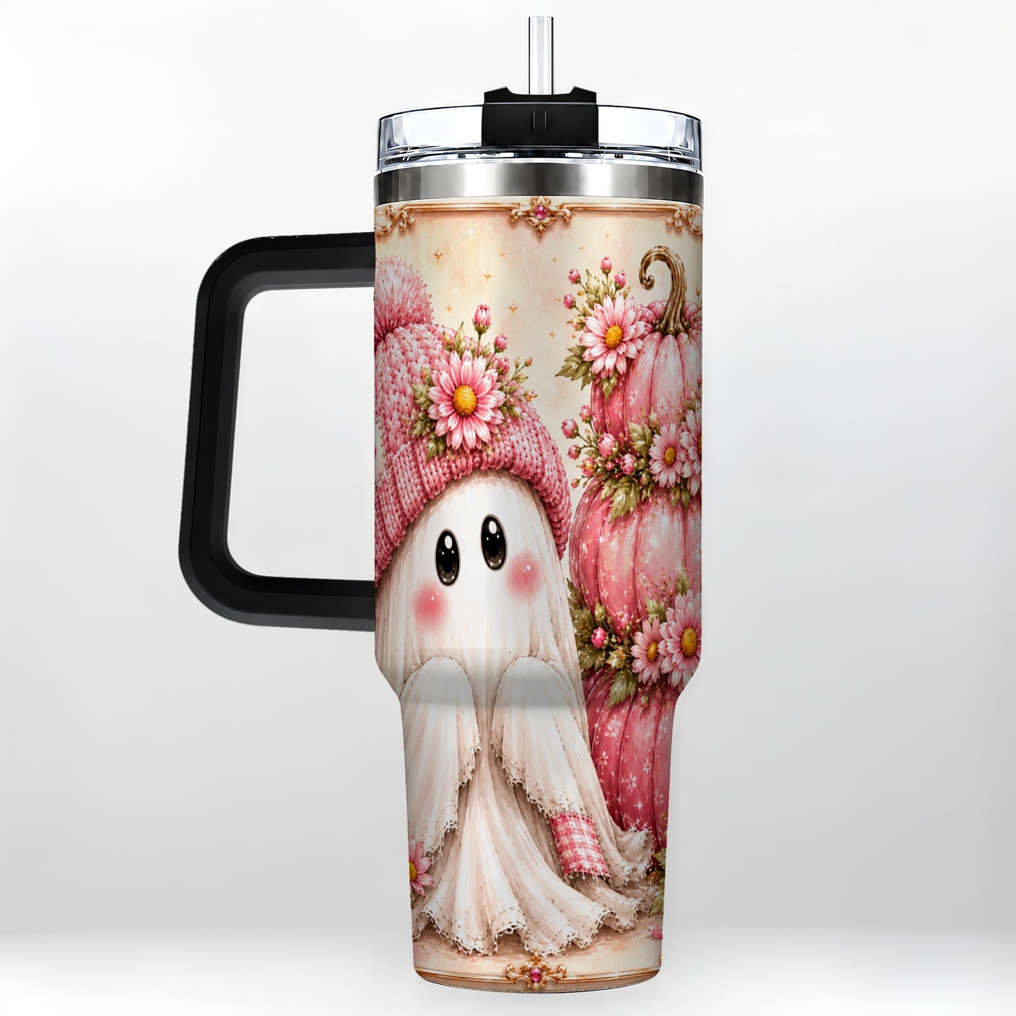#pl[40oz|Black] Floral Ghost 40oz Tumbler with Handle, Pumpkin Travel Cup