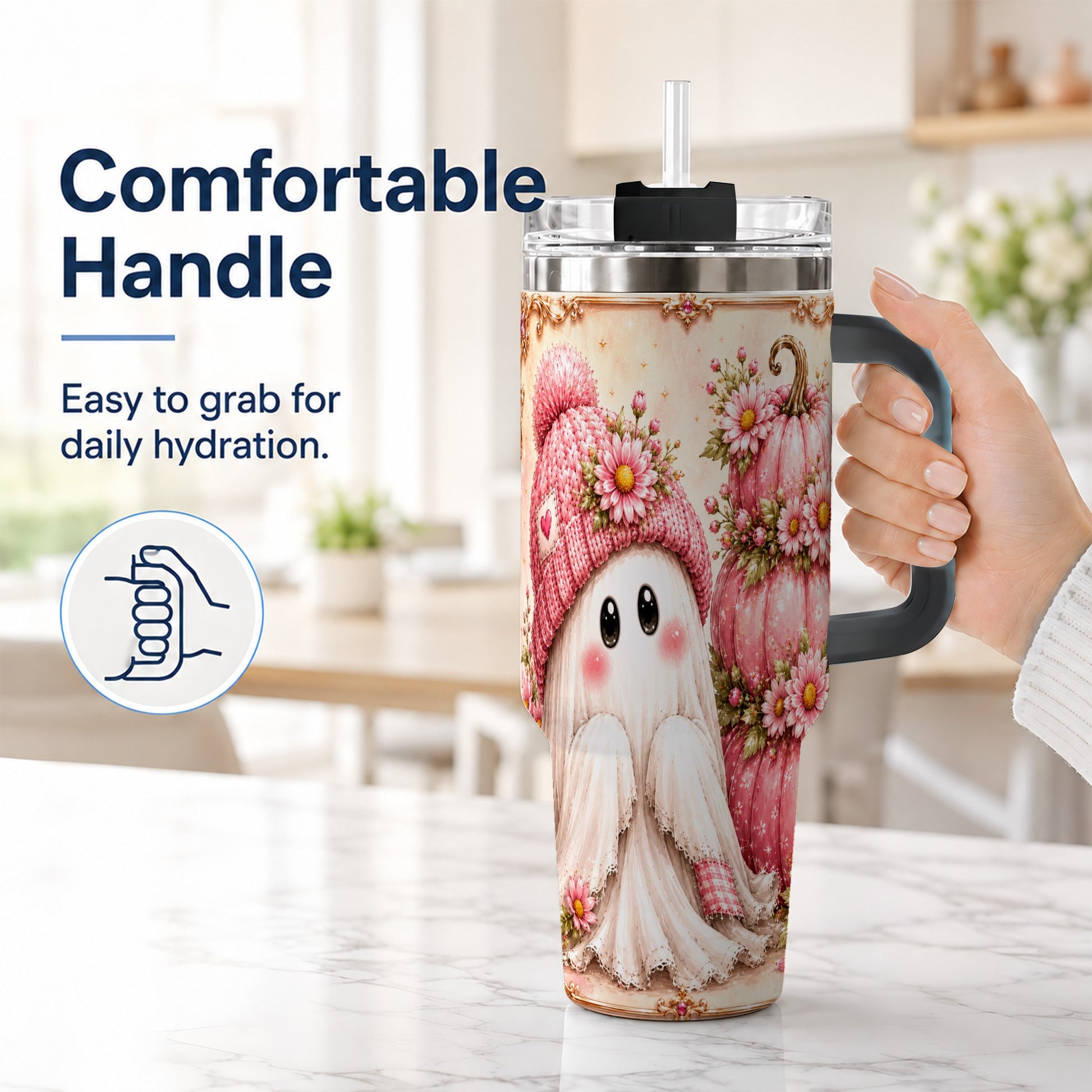 #pl[40oz|Black] Floral Ghost 40oz Tumbler with Handle, Pumpkin Travel Cup