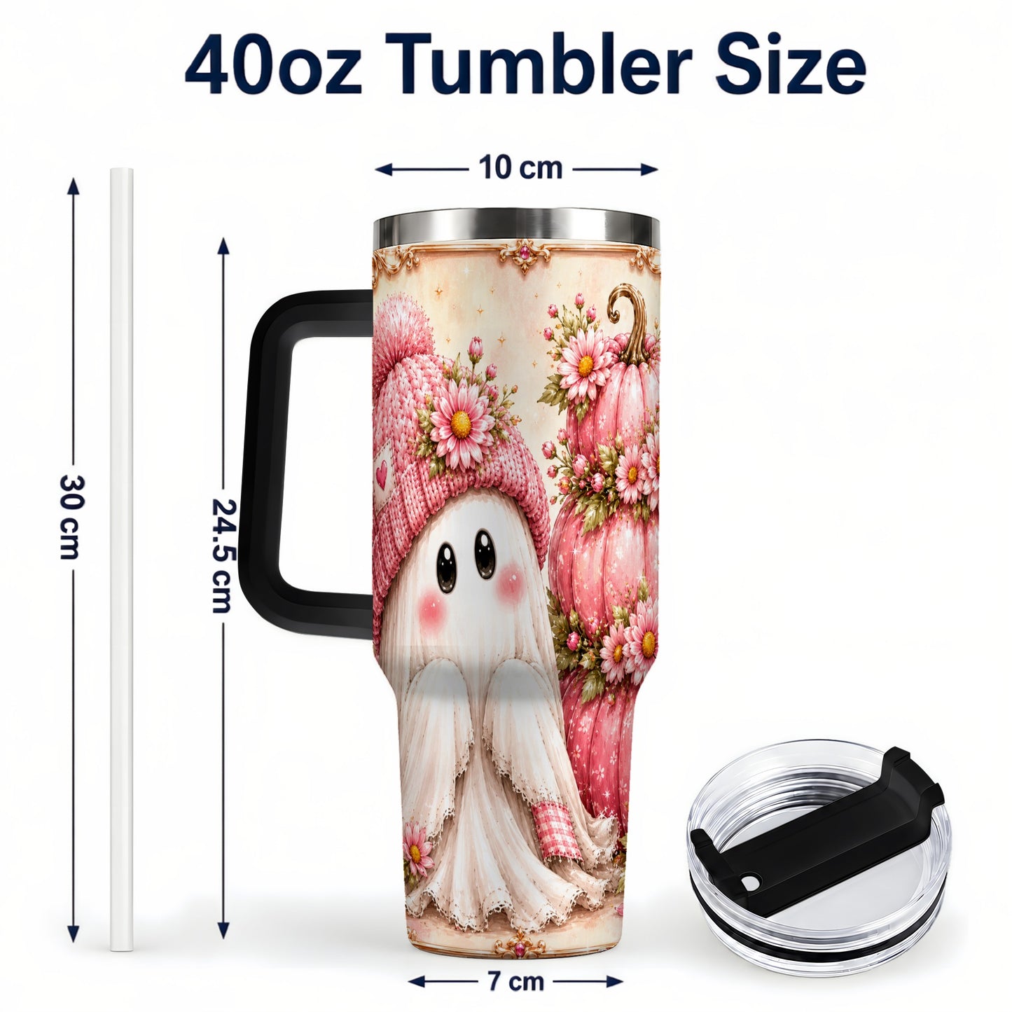 #pl[40oz|Black] Floral Ghost 40oz Tumbler with Handle, Pumpkin Travel Cup