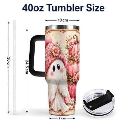#pl[40oz|Black] Floral Ghost 40oz Tumbler with Handle, Pumpkin Travel Cup