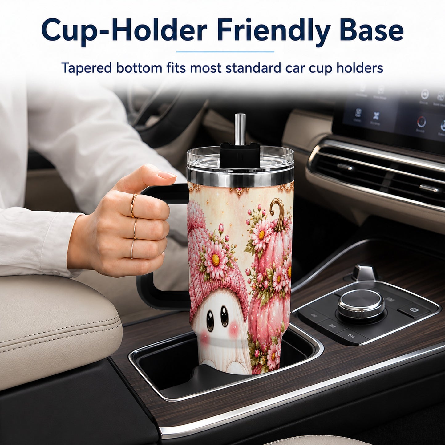 #pl[40oz|Black] Floral Ghost 40oz Tumbler with Handle, Pumpkin Travel Cup