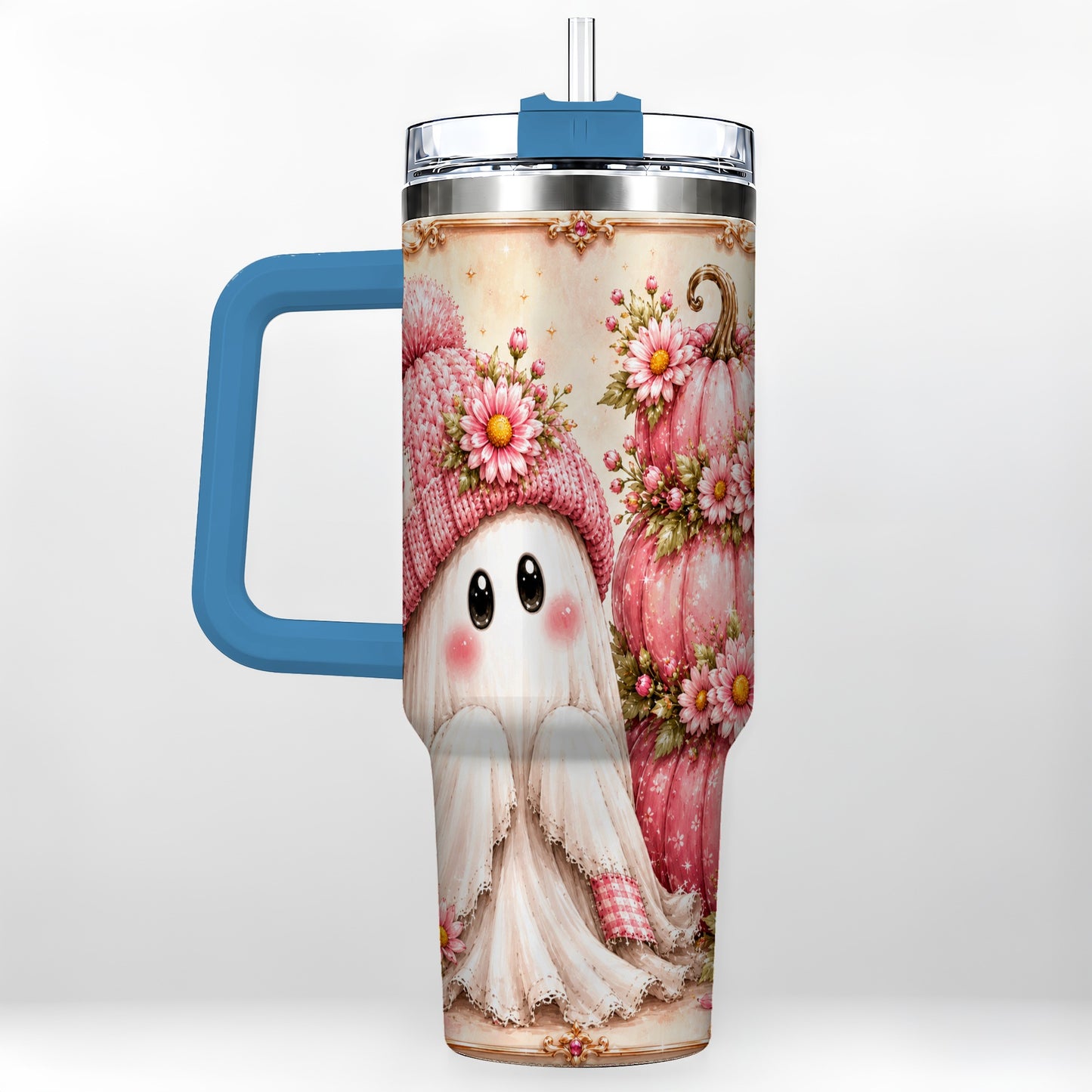 #pl[40oz|Blue] Floral Ghost 40oz Tumbler with Handle, Pumpkin Travel Cup