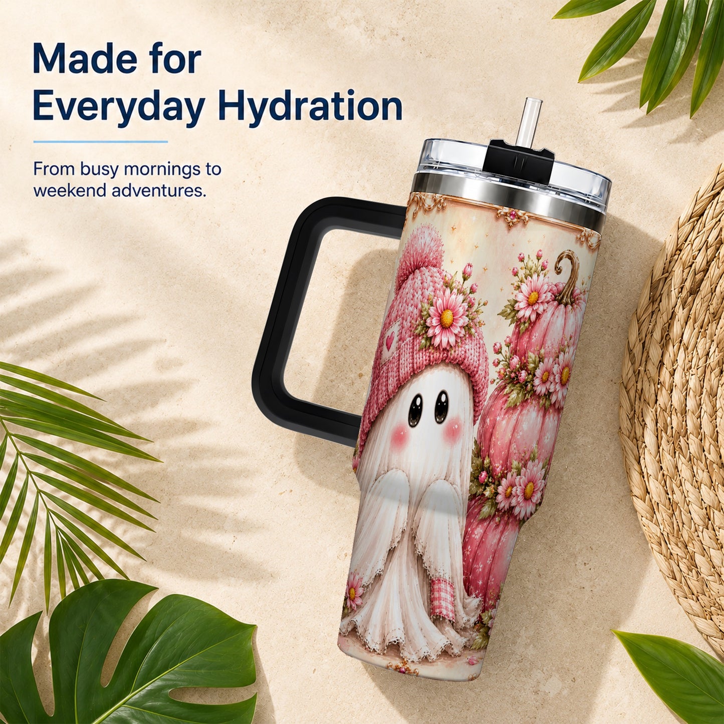 #pl[40oz|Black] Floral Ghost 40oz Tumbler with Handle, Pumpkin Travel Cup