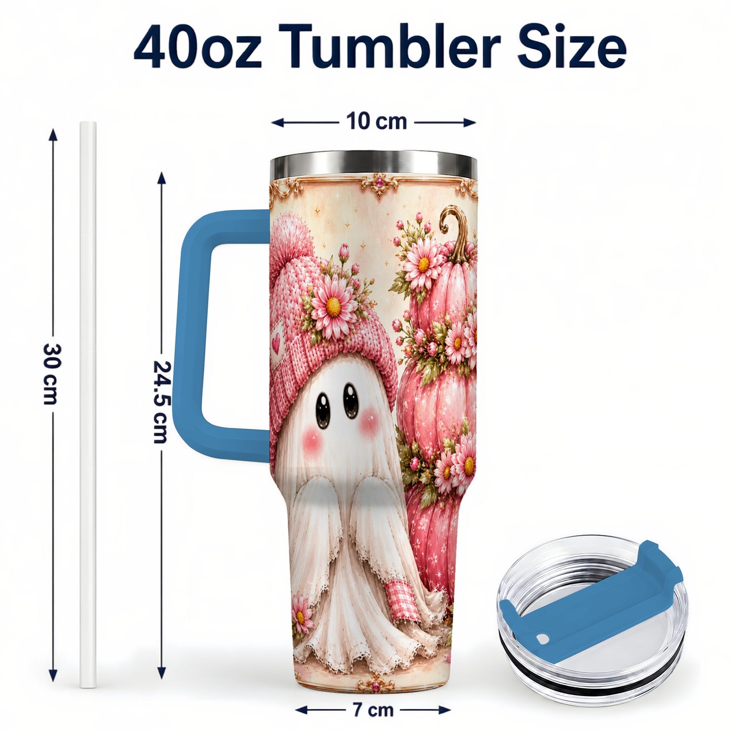 #pl[40oz|Blue] Floral Ghost 40oz Tumbler with Handle, Pumpkin Travel Cup