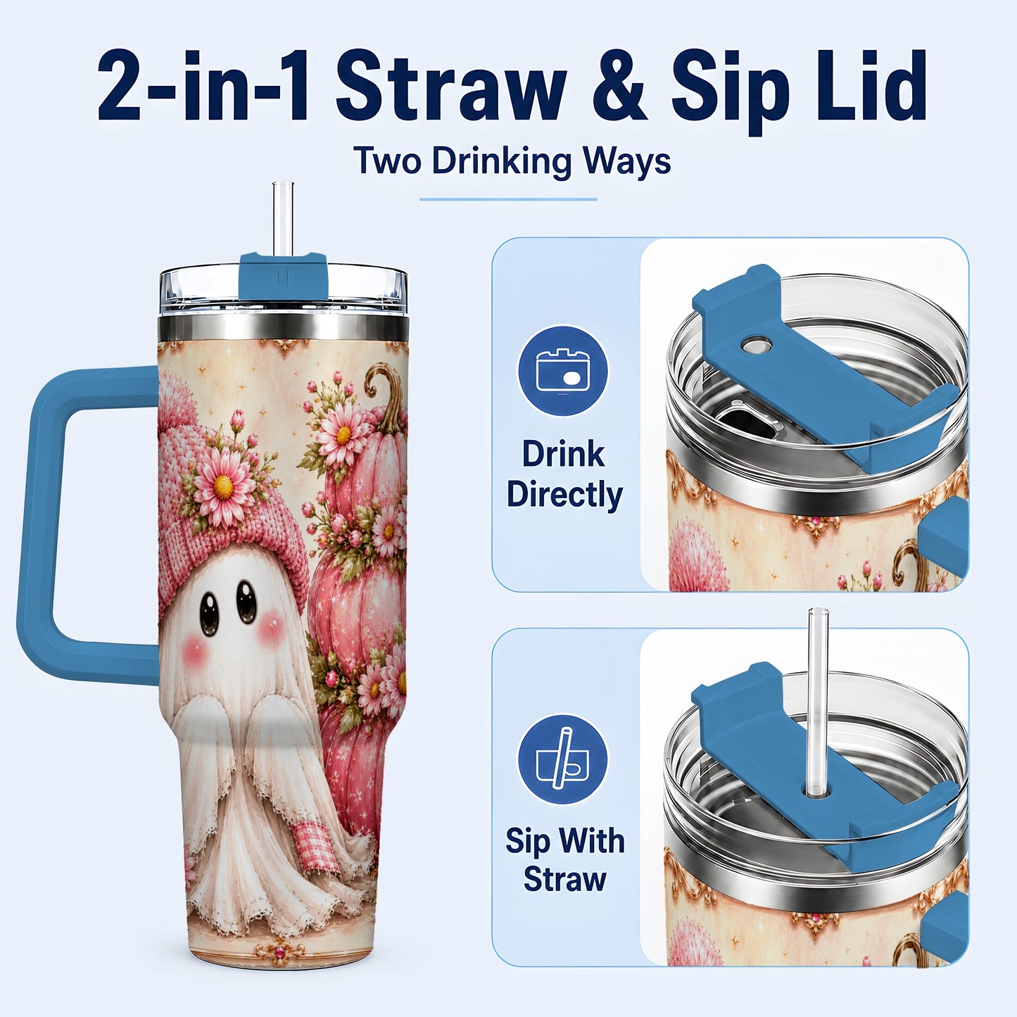 #pl[40oz|Blue] Floral Ghost 40oz Tumbler with Handle, Pumpkin Travel Cup