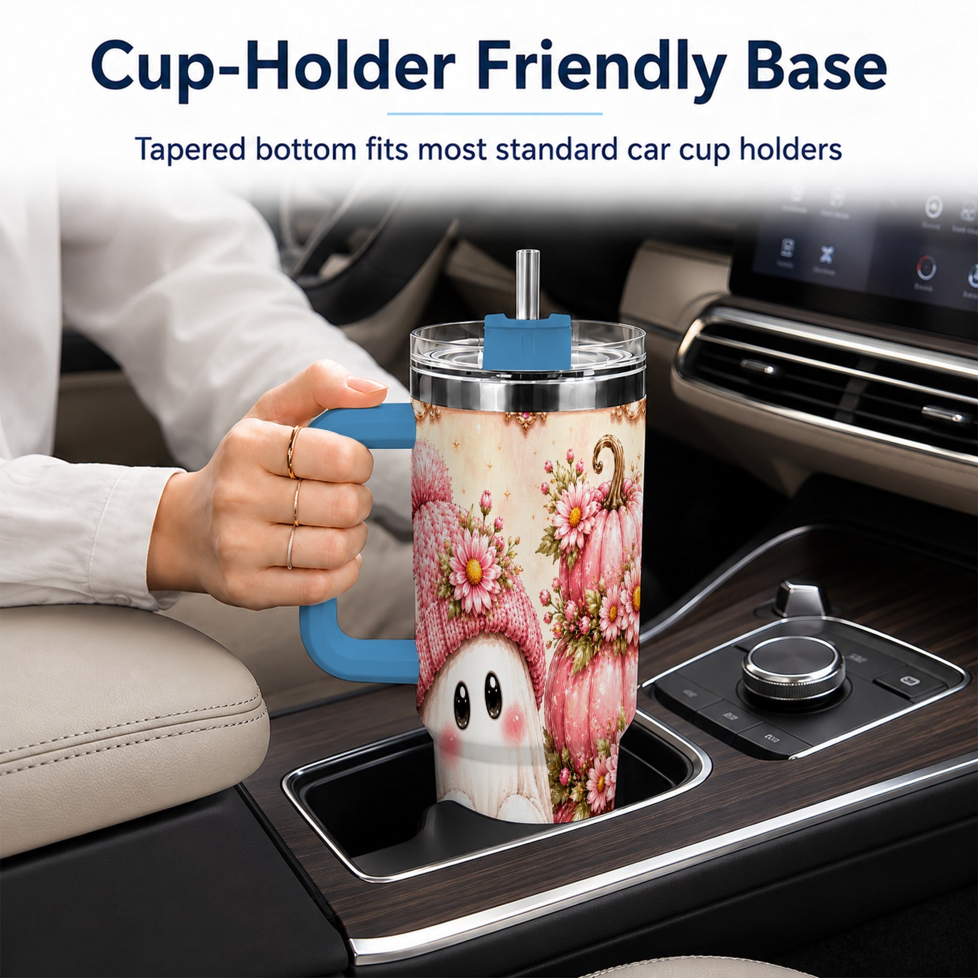 #pl[40oz|Blue] Floral Ghost 40oz Tumbler with Handle, Pumpkin Travel Cup