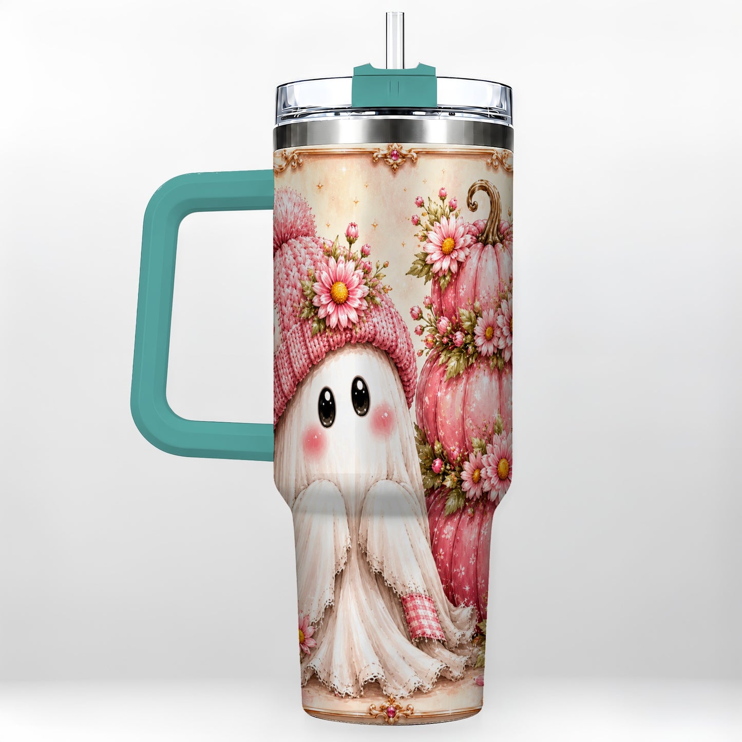 #pl[40oz|Green] Floral Ghost 40oz Tumbler with Handle, Pumpkin Travel Cup