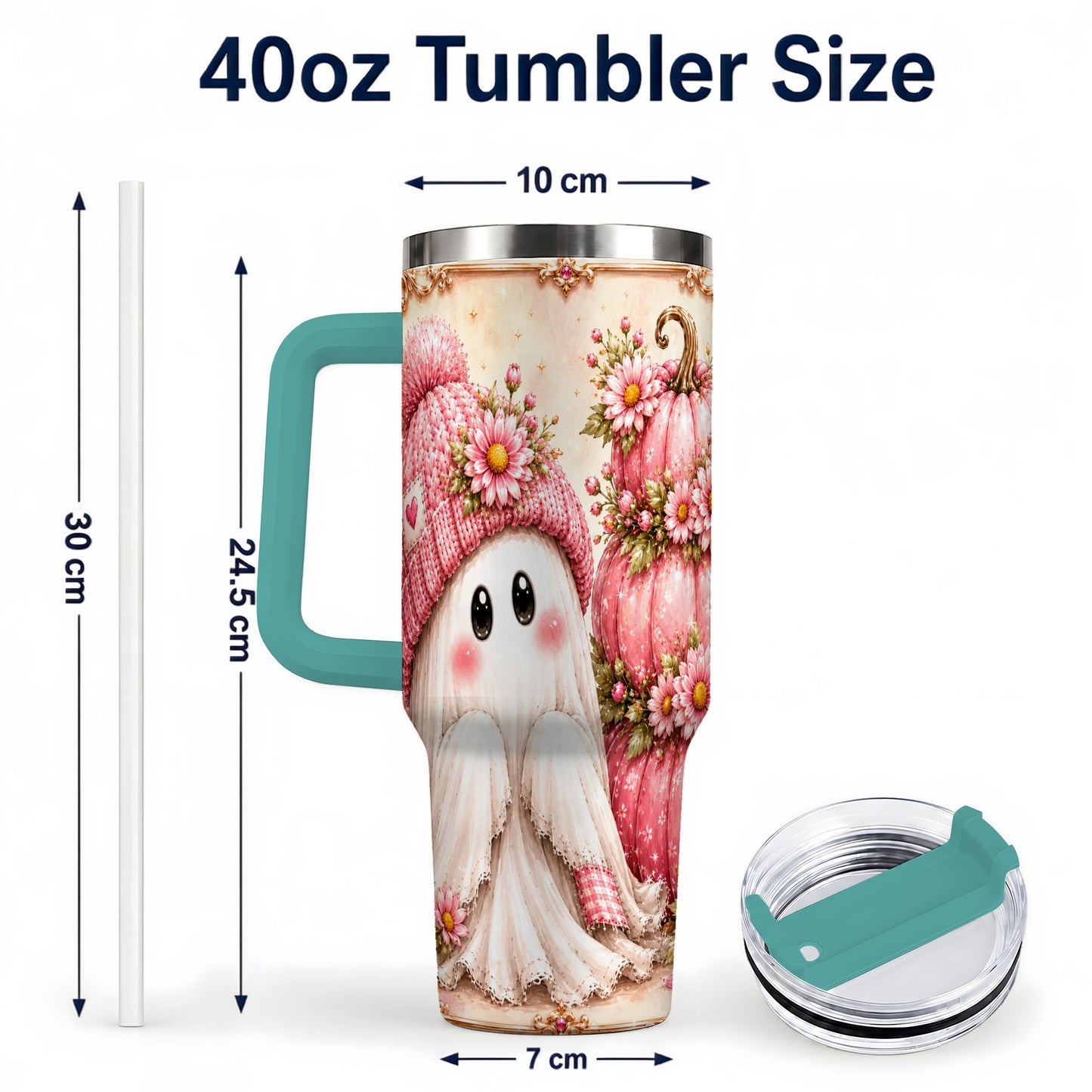 #pl[40oz|Green] Floral Ghost 40oz Tumbler with Handle, Pumpkin Travel Cup