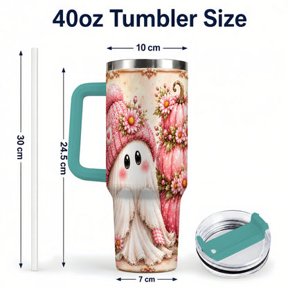 #pl[40oz|Green] Floral Ghost 40oz Tumbler with Handle, Pumpkin Travel Cup