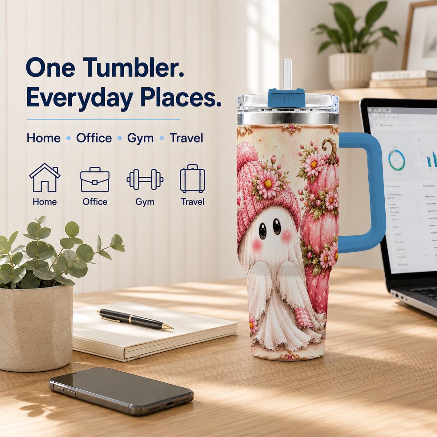 #pl[40oz|Blue] Floral Ghost 40oz Tumbler with Handle, Pumpkin Travel Cup