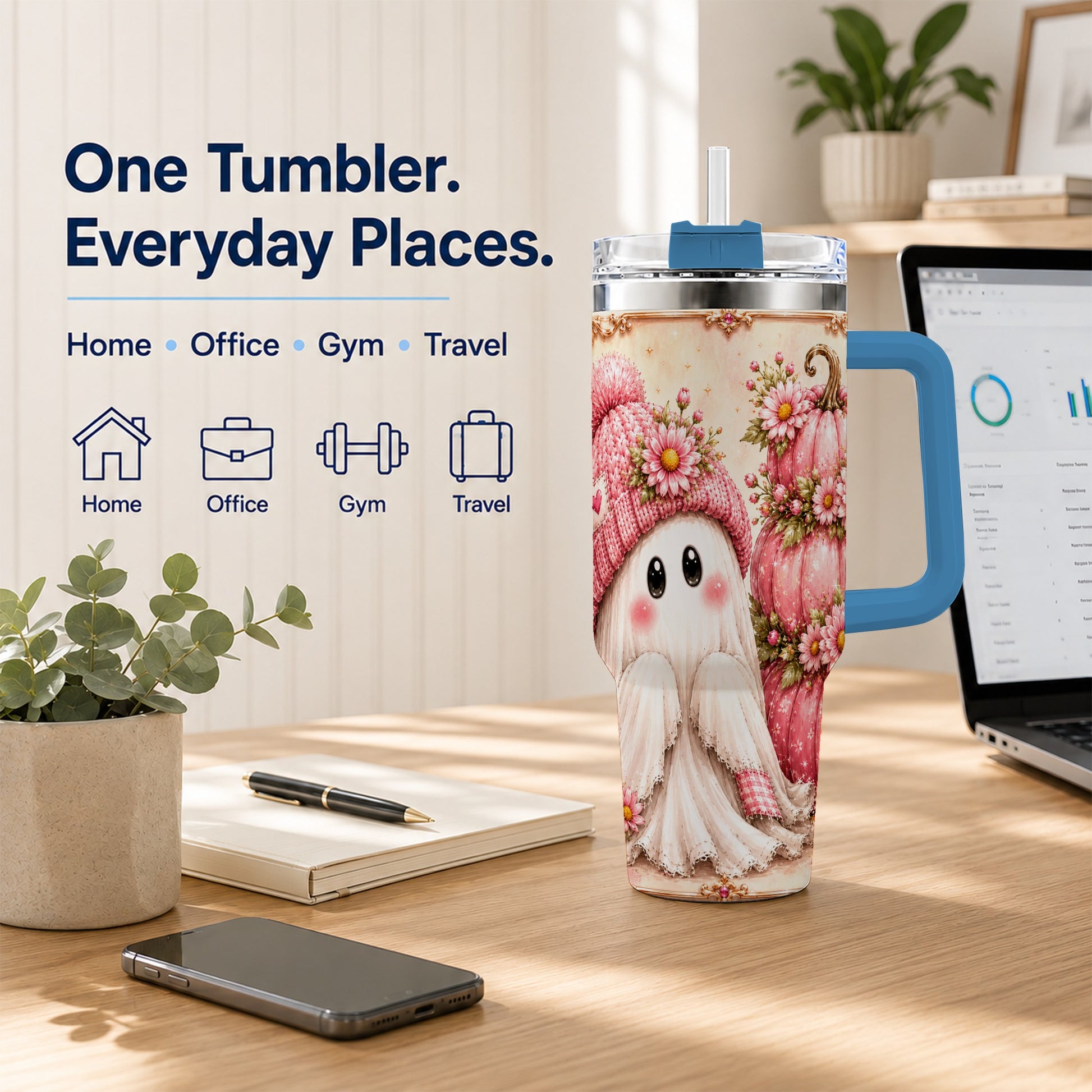 #pl[40oz|Blue] Floral Ghost 40oz Tumbler with Handle, Pumpkin Travel Cup