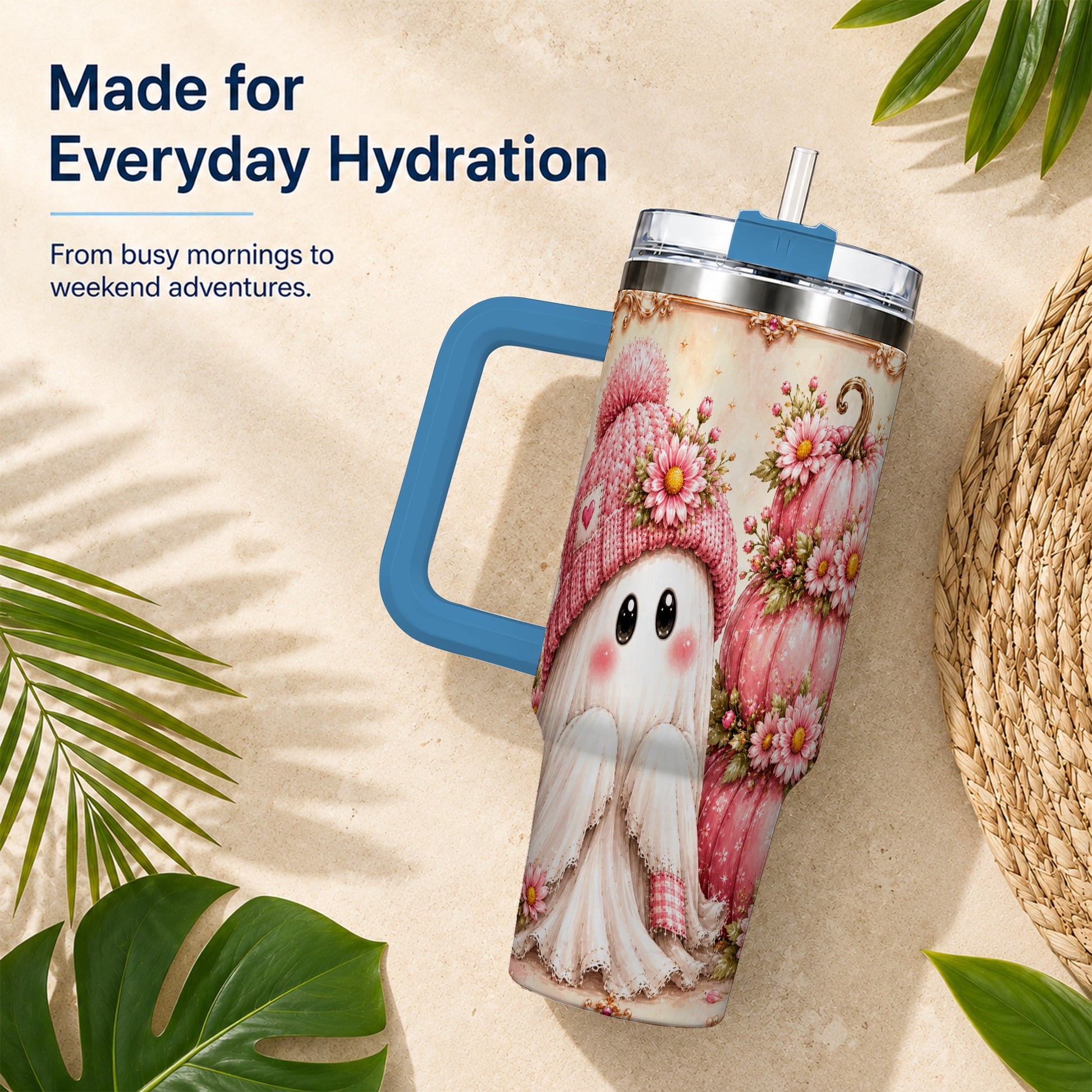 #pl[40oz|Blue] Floral Ghost 40oz Tumbler with Handle, Pumpkin Travel Cup