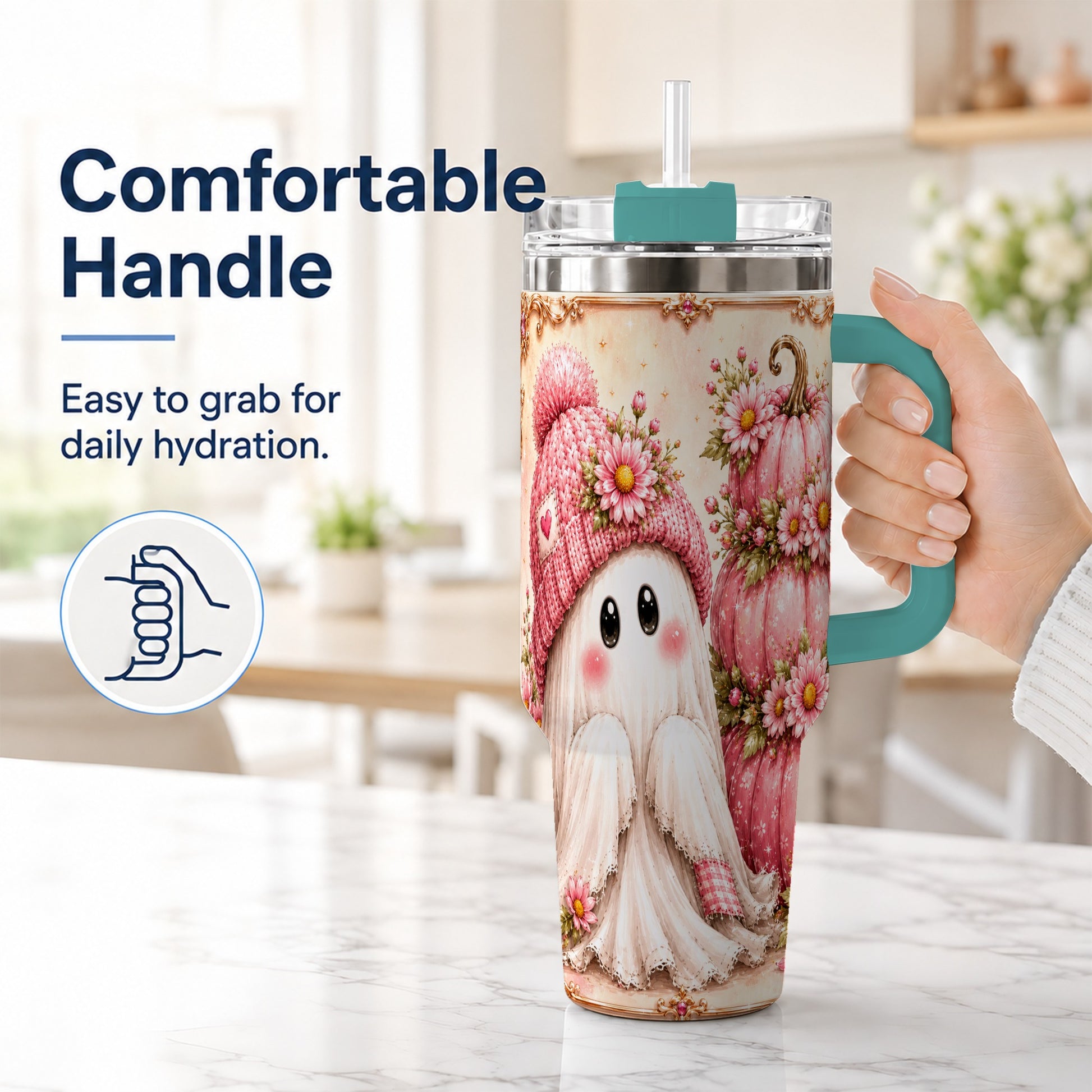 #pl[40oz|Green] Floral Ghost 40oz Tumbler with Handle, Pumpkin Travel Cup