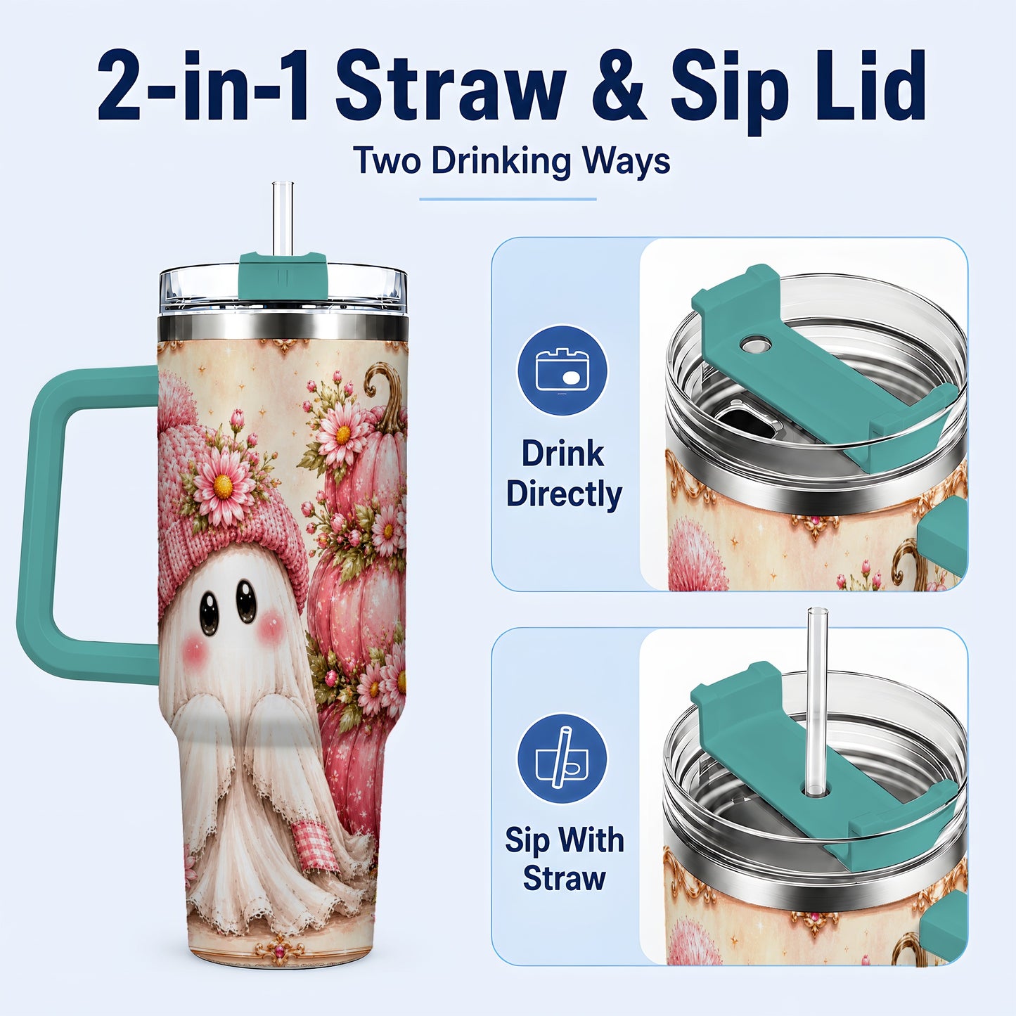 #pl[40oz|Green] Floral Ghost 40oz Tumbler with Handle, Pumpkin Travel Cup