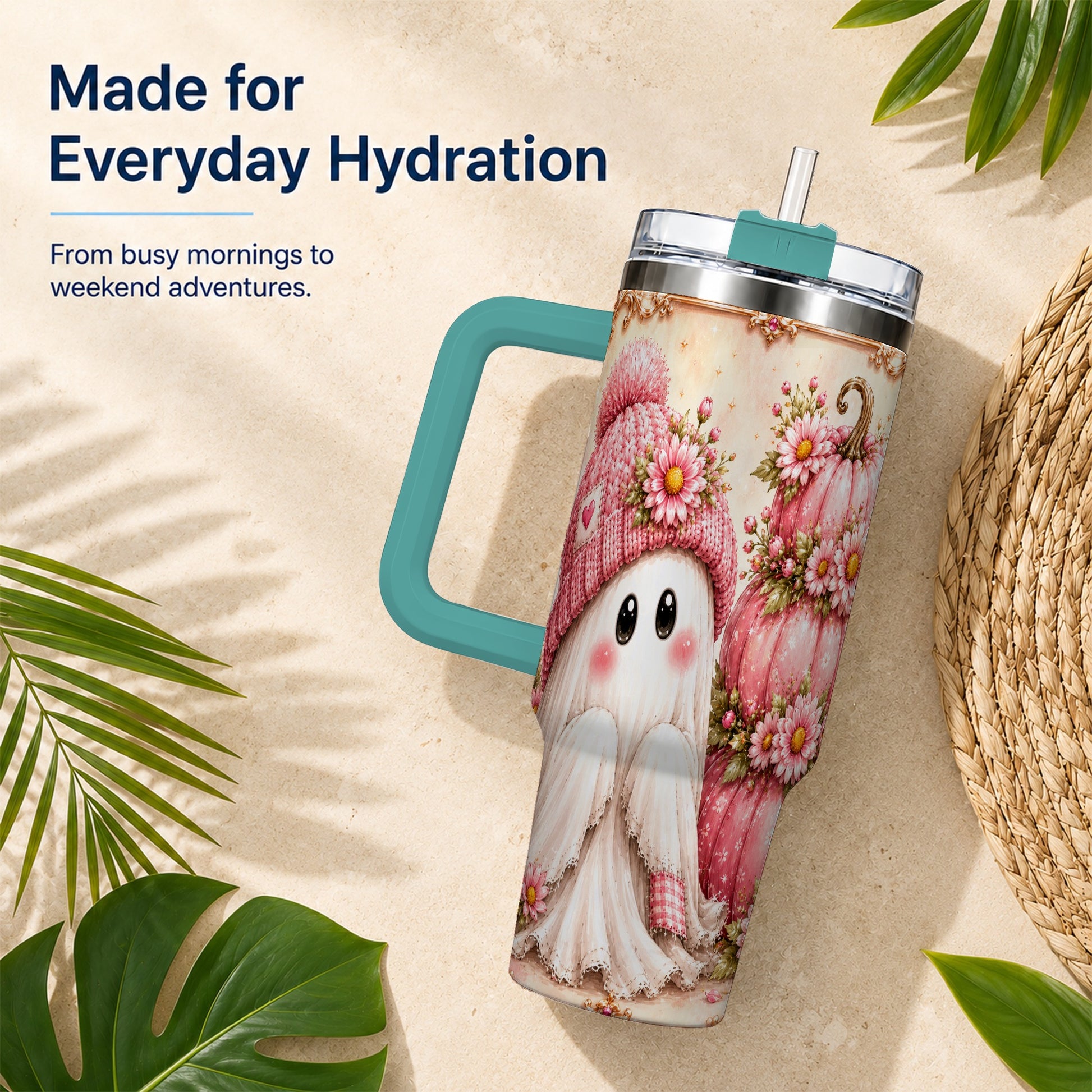 #pl[40oz|Green] Floral Ghost 40oz Tumbler with Handle, Pumpkin Travel Cup