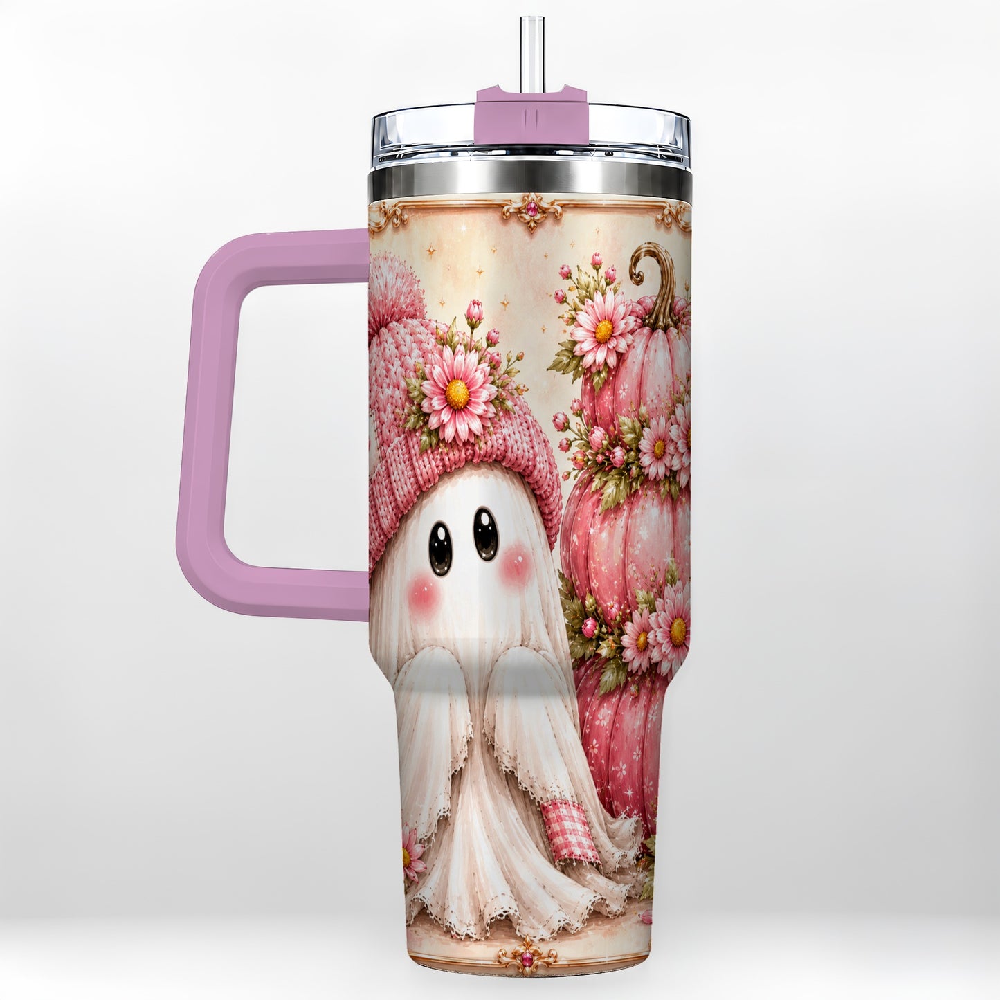 #pl[40oz|Pink] Floral Ghost 40oz Tumbler with Handle, Pumpkin Travel Cup