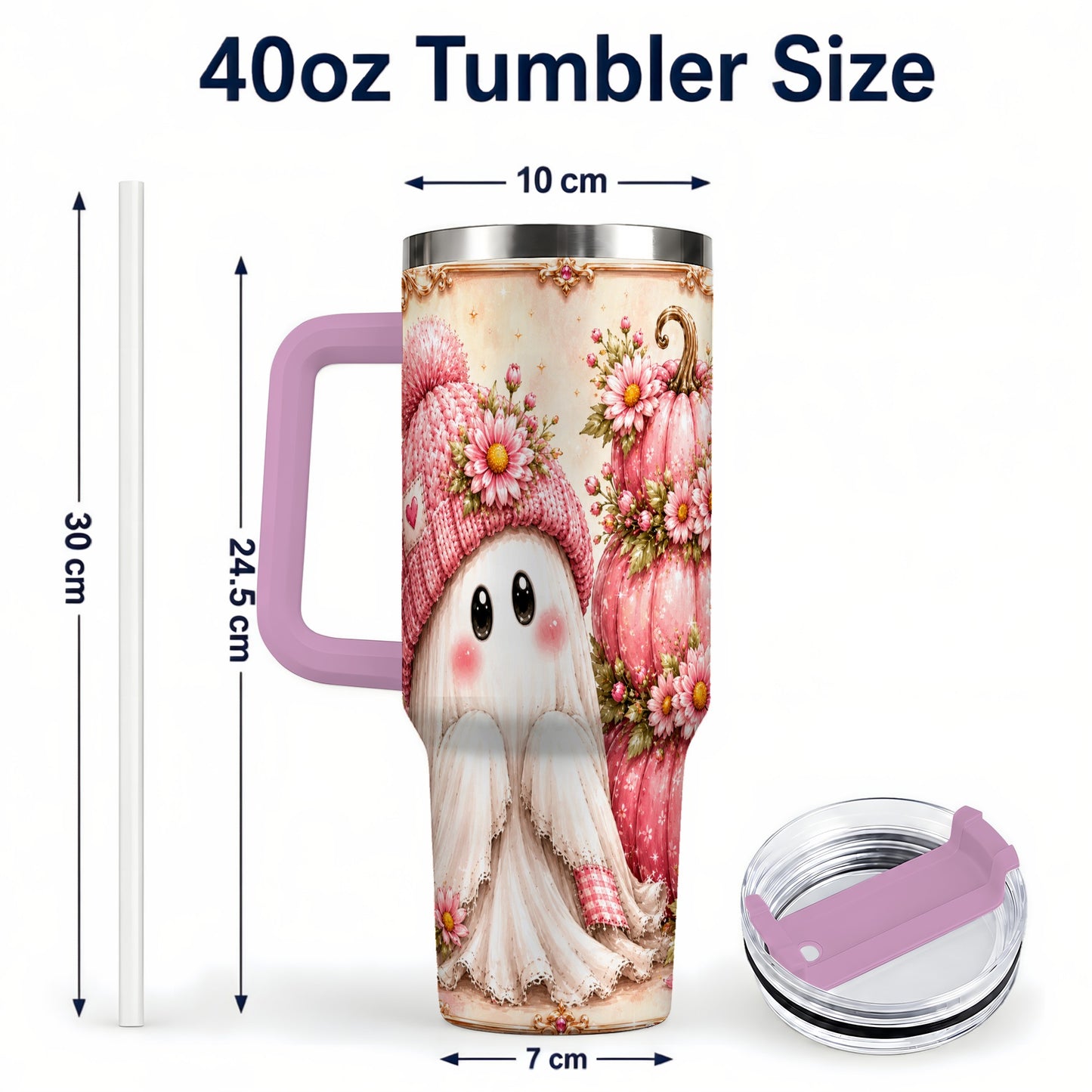 #pl[40oz|Pink] Floral Ghost 40oz Tumbler with Handle, Pumpkin Travel Cup