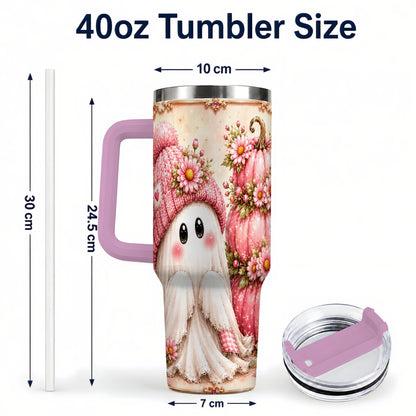 #pl[40oz|Pink] Floral Ghost 40oz Tumbler with Handle, Pumpkin Travel Cup
