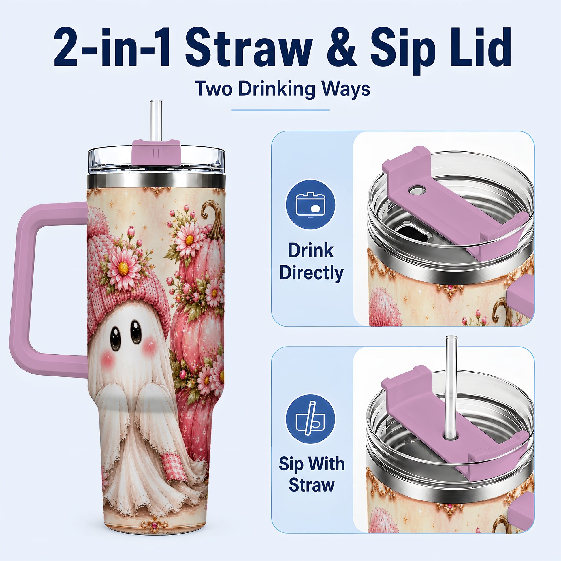 #pl[40oz|Pink] Floral Ghost 40oz Tumbler with Handle, Pumpkin Travel Cup