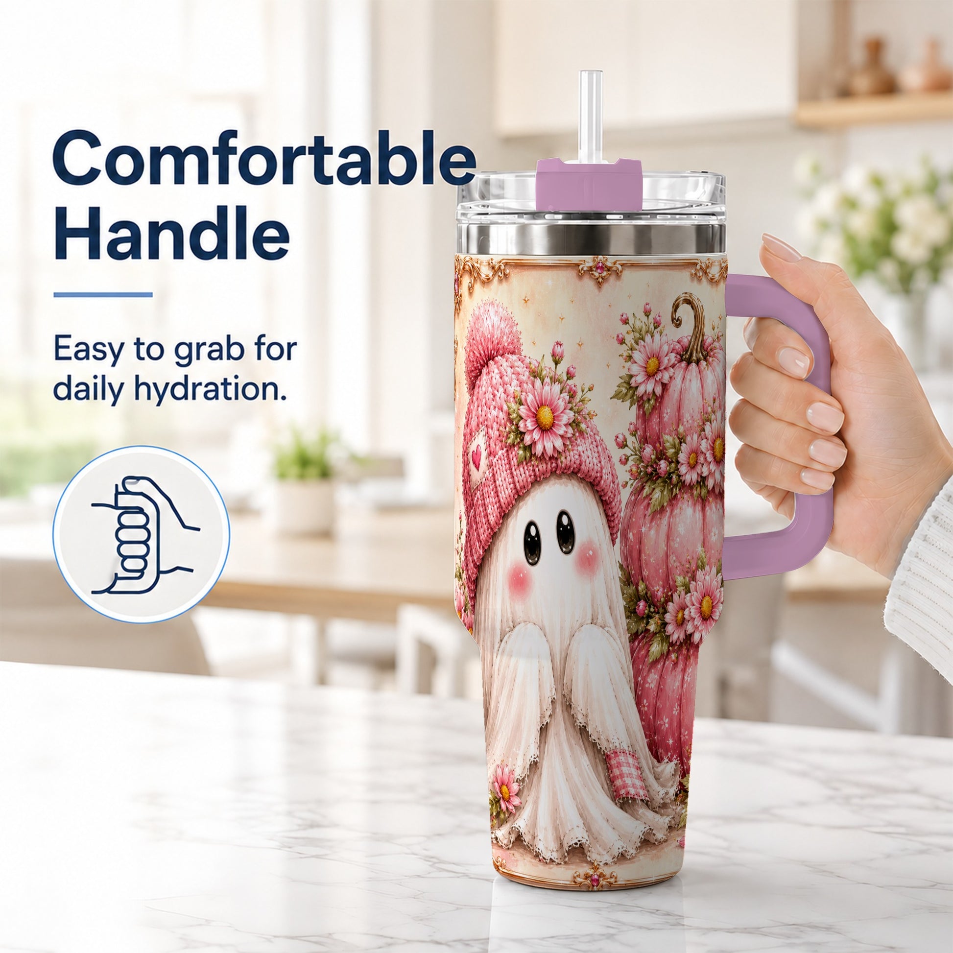 #pl[40oz|Pink] Floral Ghost 40oz Tumbler with Handle, Pumpkin Travel Cup
