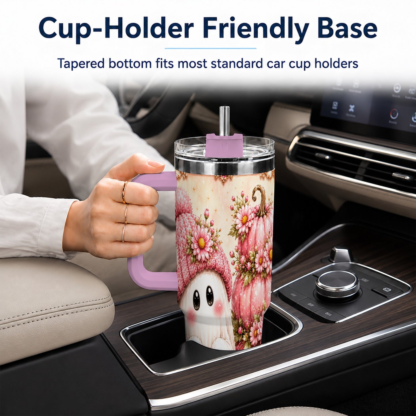 #pl[40oz|Pink] Floral Ghost 40oz Tumbler with Handle, Pumpkin Travel Cup