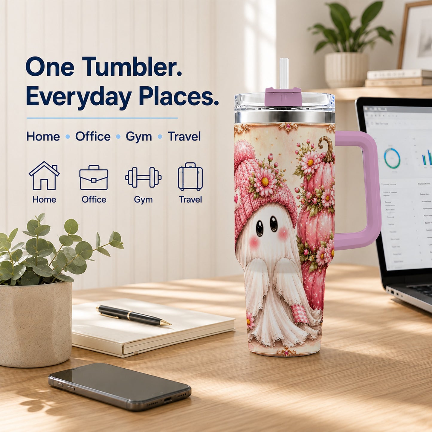 #pl[40oz|Pink] Floral Ghost 40oz Tumbler with Handle, Pumpkin Travel Cup