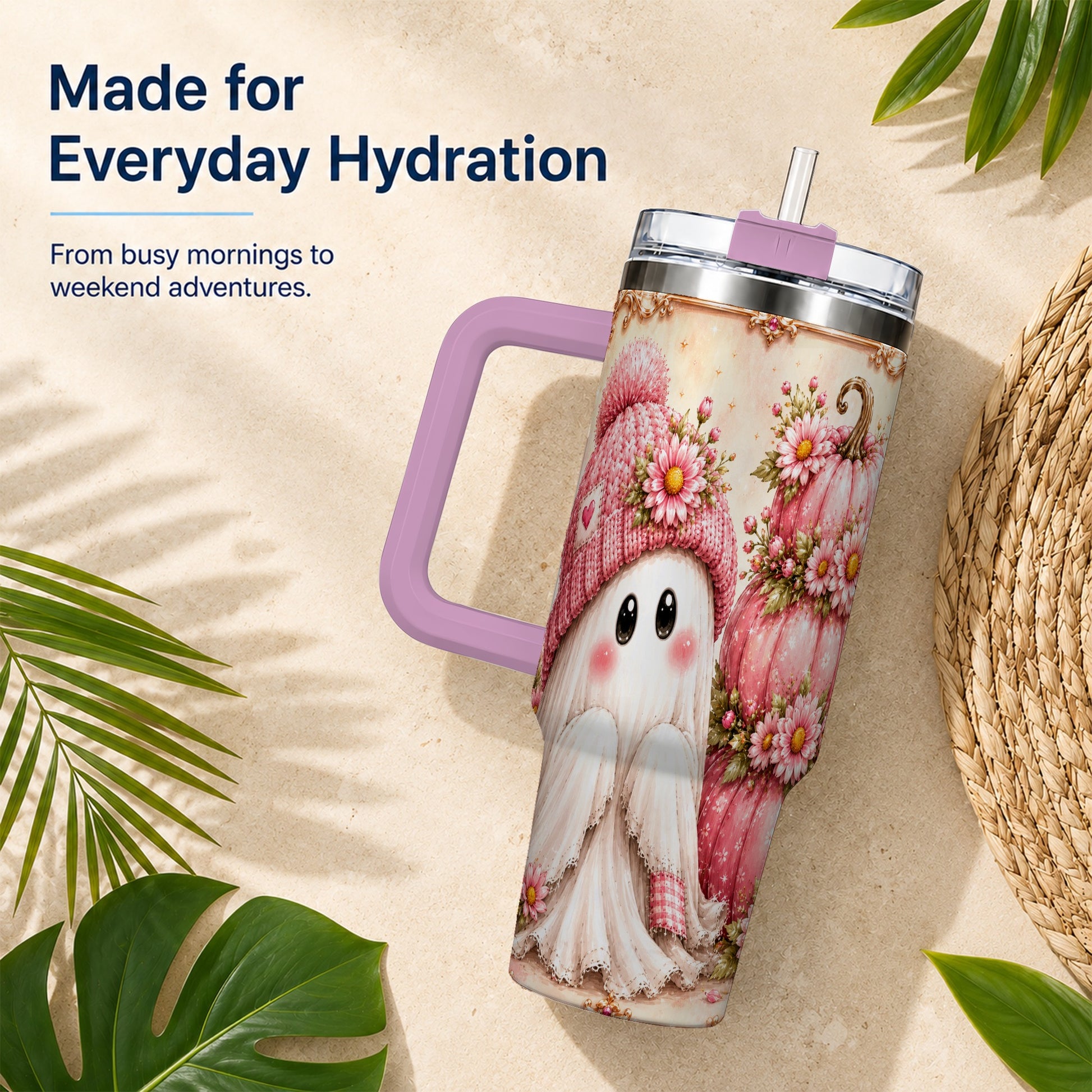 #pl[40oz|Pink] Floral Ghost 40oz Tumbler with Handle, Pumpkin Travel Cup