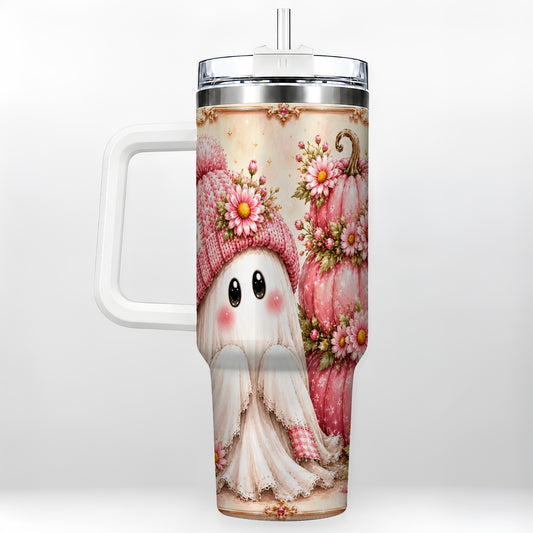 #pl[40oz|White] Floral Ghost 40oz Tumbler with Handle, Pumpkin Travel Cup