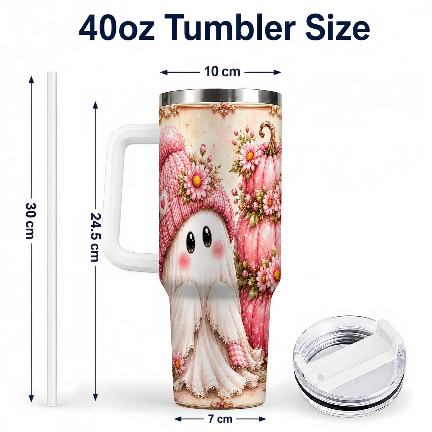 #pl[40oz|White] Floral Ghost 40oz Tumbler with Handle, Pumpkin Travel Cup