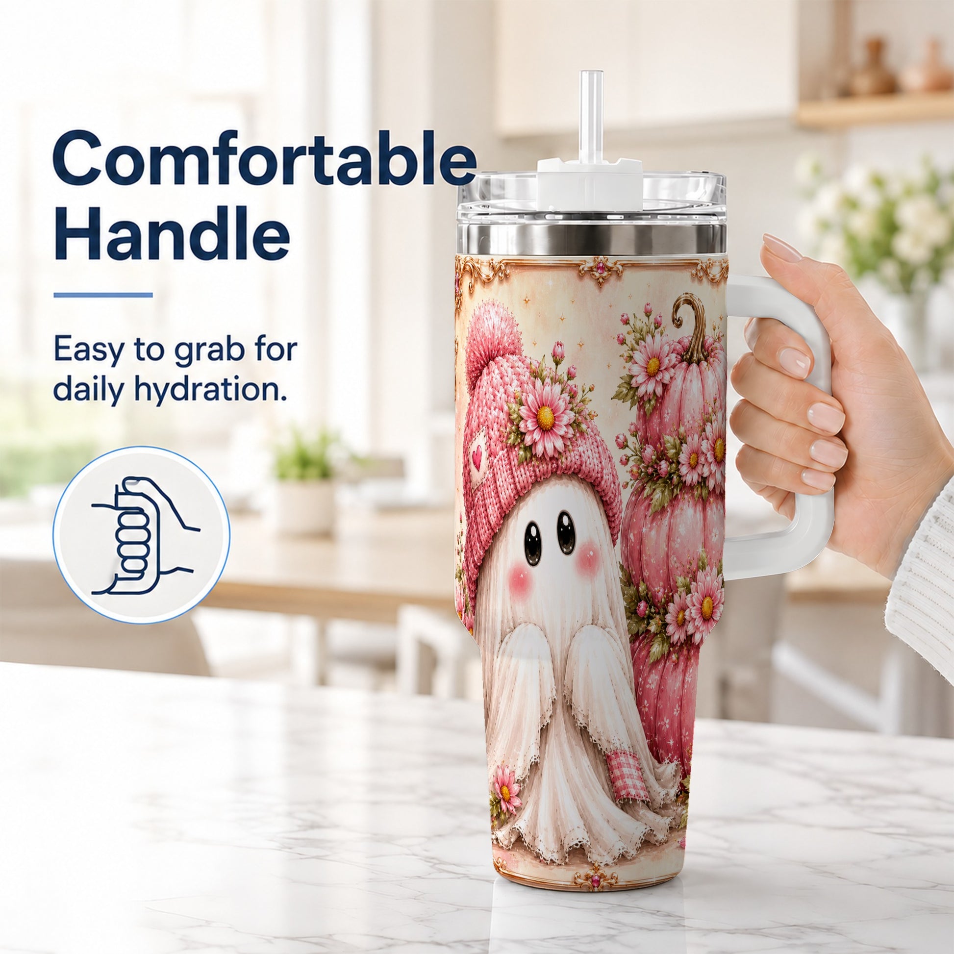 #pl[40oz|White] Floral Ghost 40oz Tumbler with Handle, Pumpkin Travel Cup