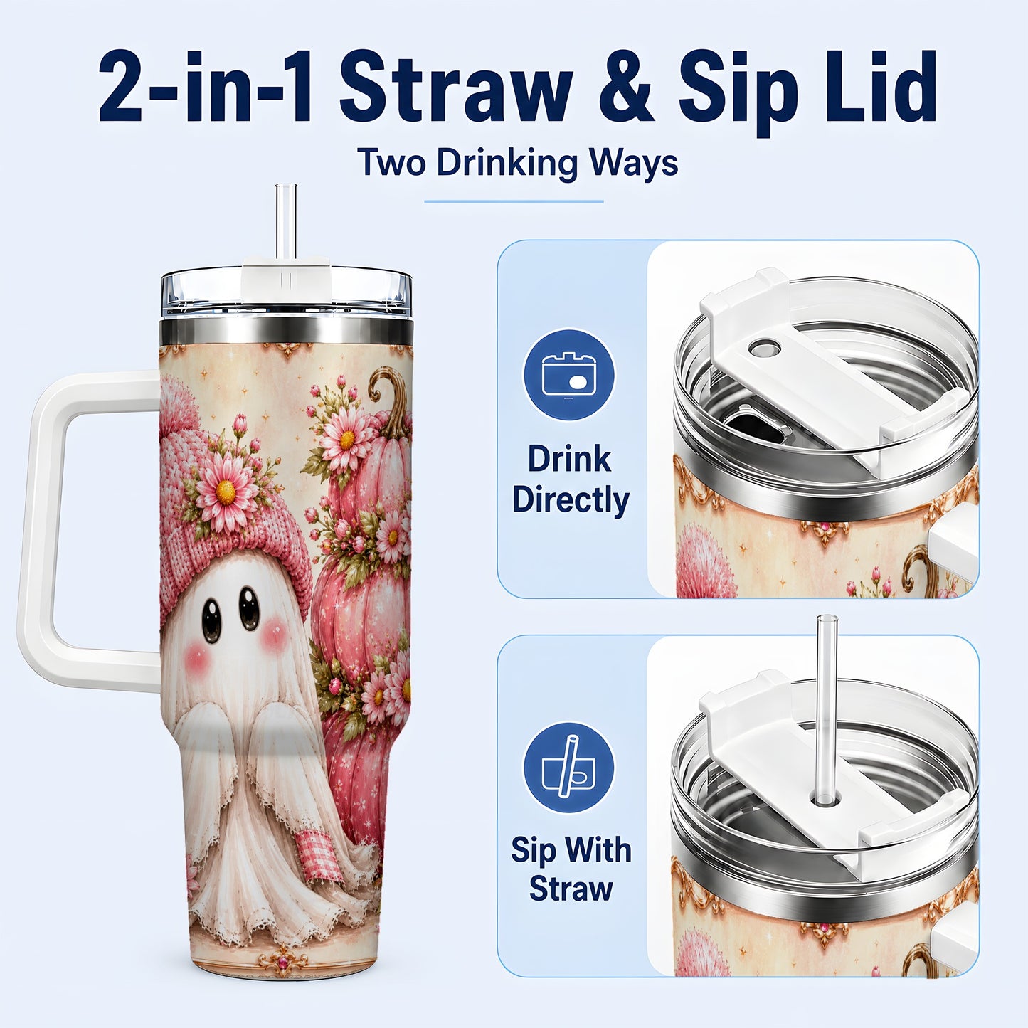 #pl[40oz|White] Floral Ghost 40oz Tumbler with Handle, Pumpkin Travel Cup