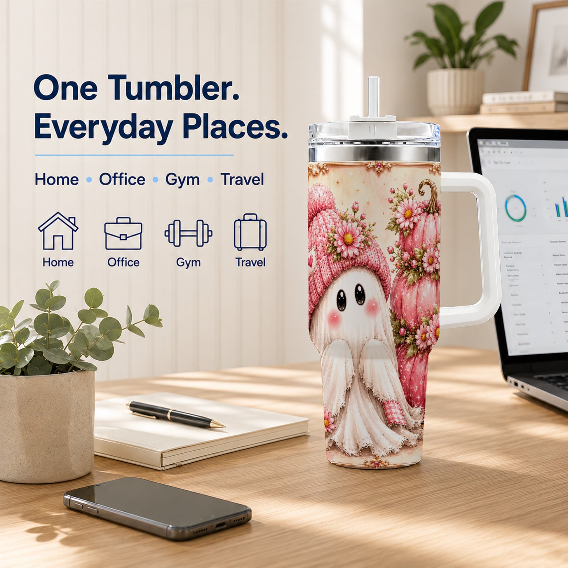 #pl[40oz|White] Floral Ghost 40oz Tumbler with Handle, Pumpkin Travel Cup
