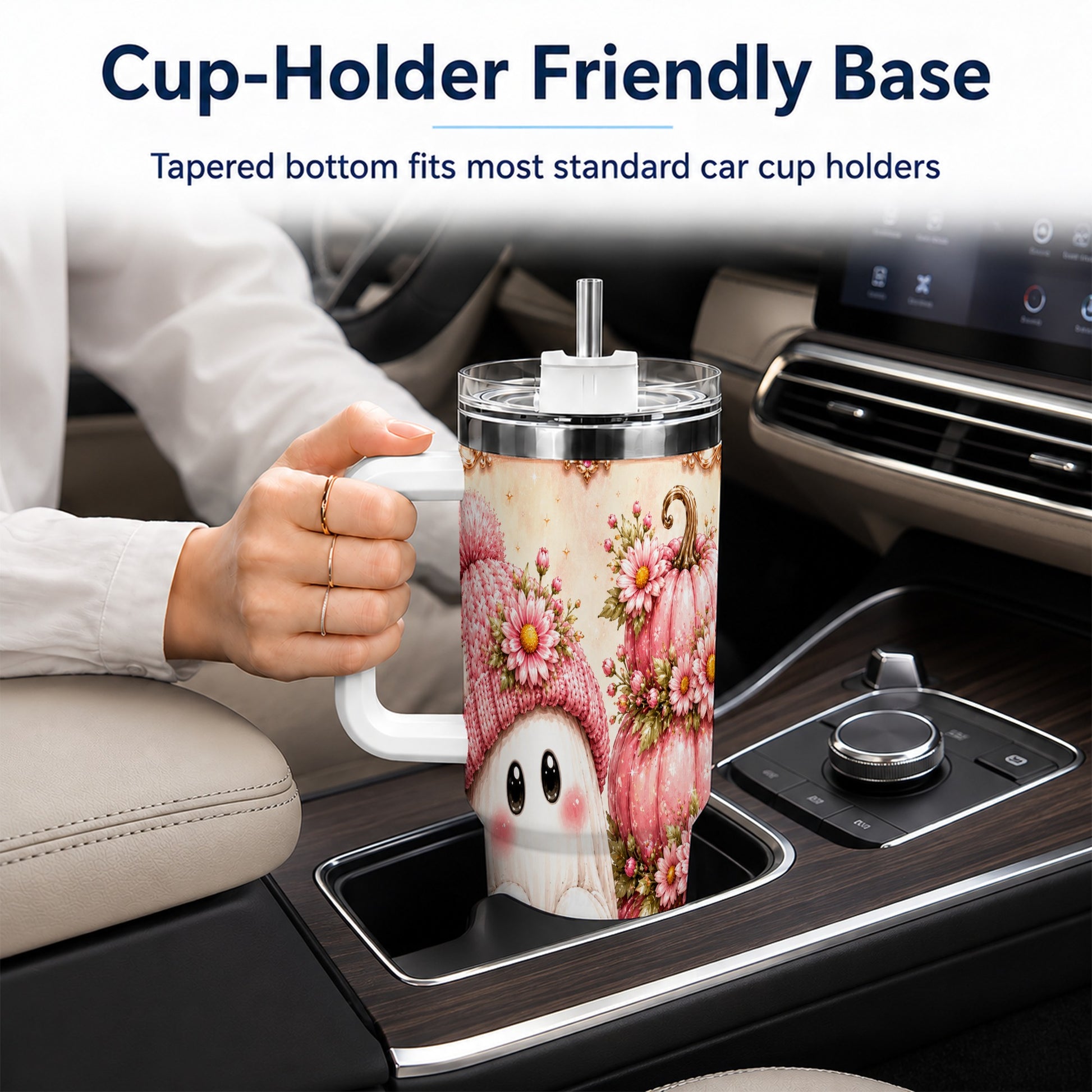#pl[40oz|White] Floral Ghost 40oz Tumbler with Handle, Pumpkin Travel Cup