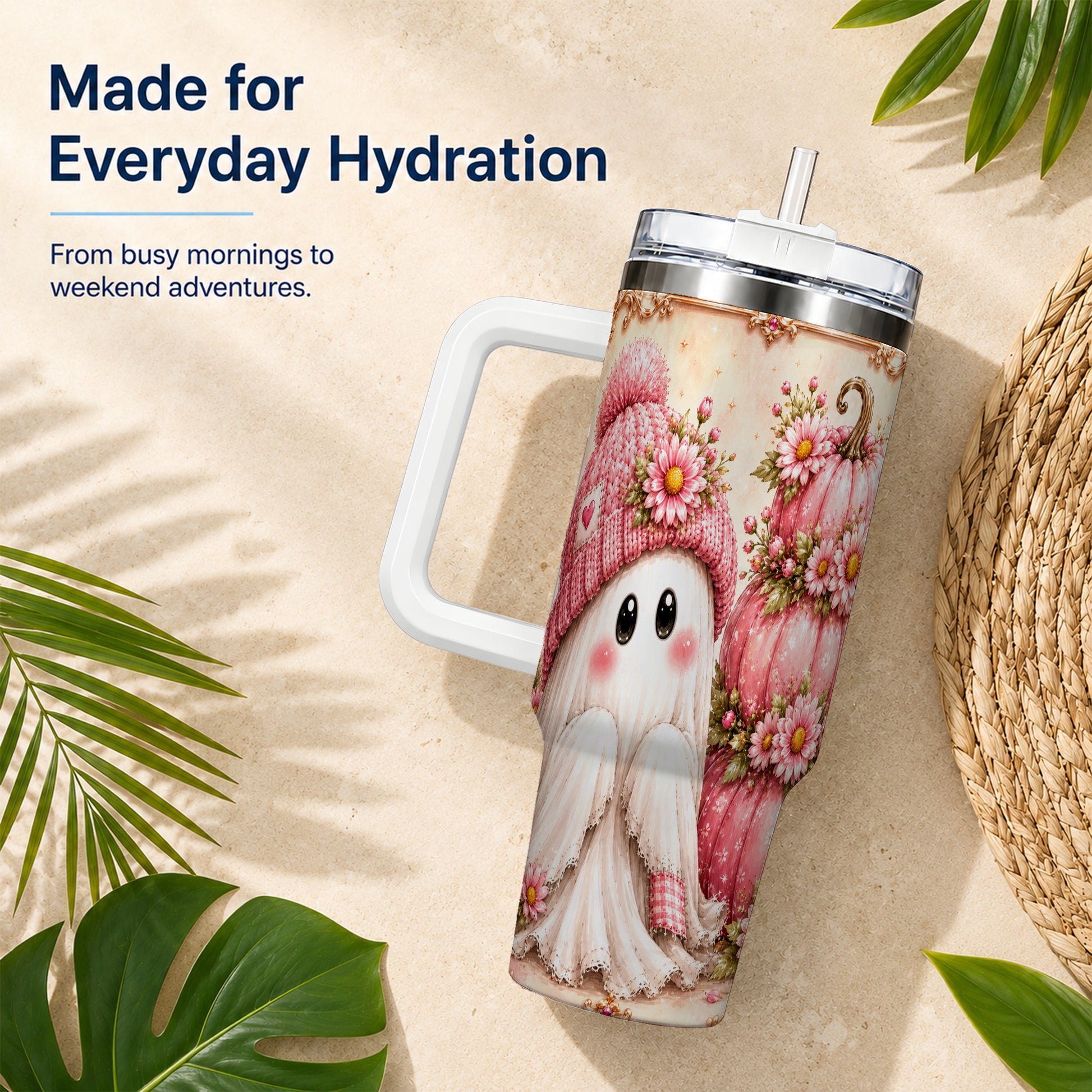 #pl[40oz|White] Floral Ghost 40oz Tumbler with Handle, Pumpkin Travel Cup