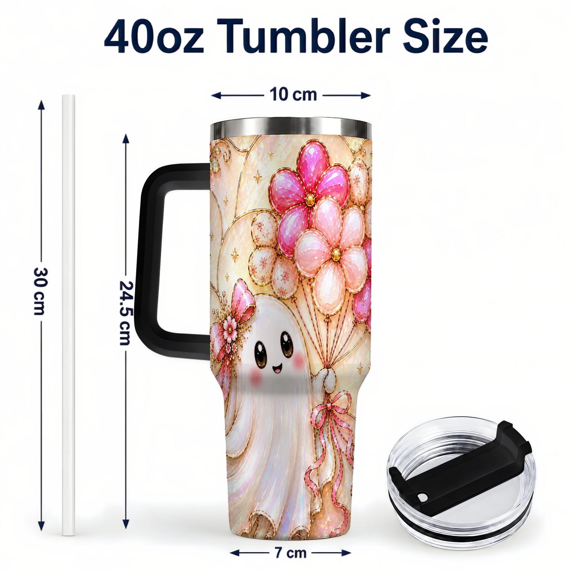 #pl[40oz|Black] Floral Ghost 40oz Tumbler with Handle, Balloon Travel Cup