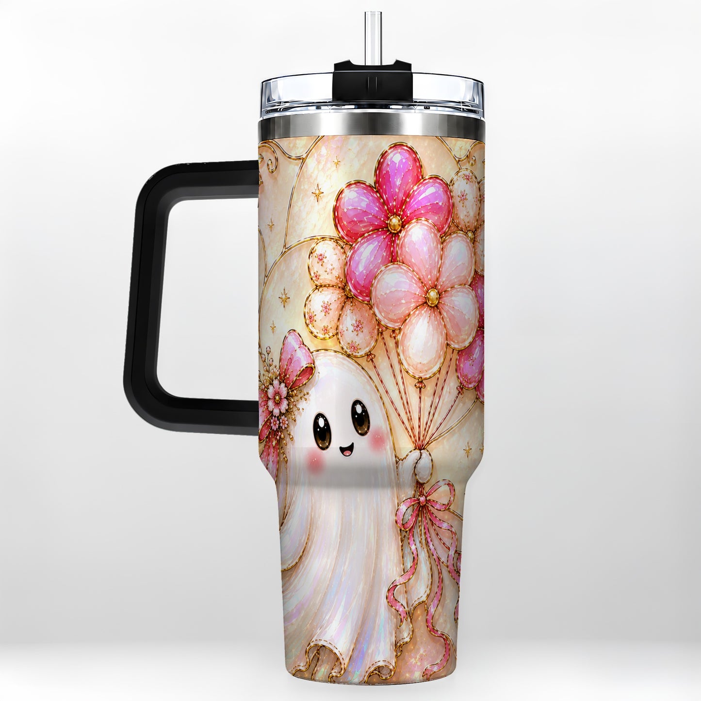 #pl[40oz|Black] Floral Ghost 40oz Tumbler with Handle, Balloon Travel Cup
